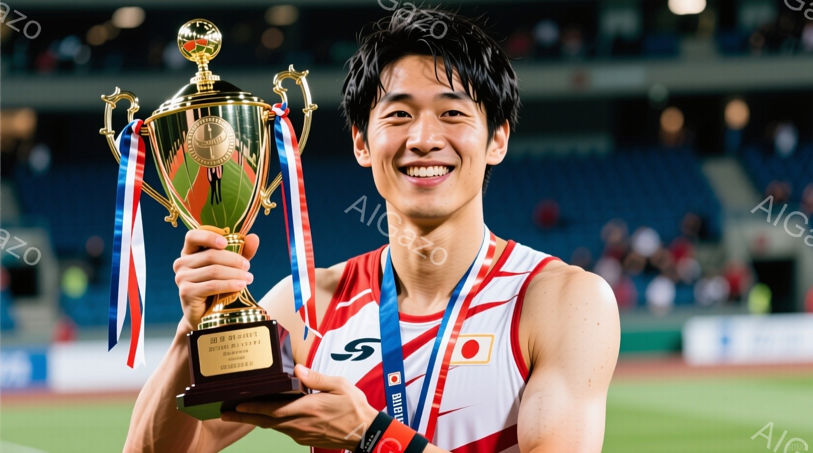 競技場で、日本の選手が金色のトロフィーを掲げ、満面の笑みを浮かべている。彼は白いスポーツウェアに日本の国旗の色である赤と白のラインが入ったビブとメダルを着用し、短髪で活気に満ちた表情を見せている。背景には観客席と緑のフィールドが広がり、勝利と栄光に満ちた熱狂的な雰囲気が漂っている。