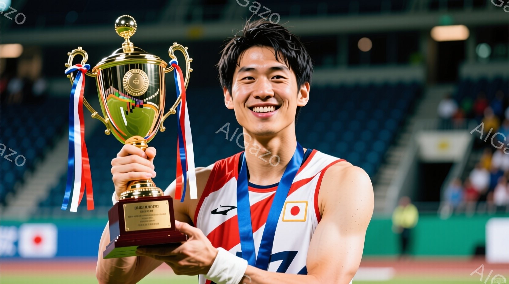 競技場で、日本の選手が優勝トロフィーを掲げています。彼は青と赤のユニフォームとメダルを身につけ、短髪で明るい笑顔を見せています。背景には観客席とぼやけた観客が写っており、競技場の照明が明るく照らされて - AI生成フリー素材