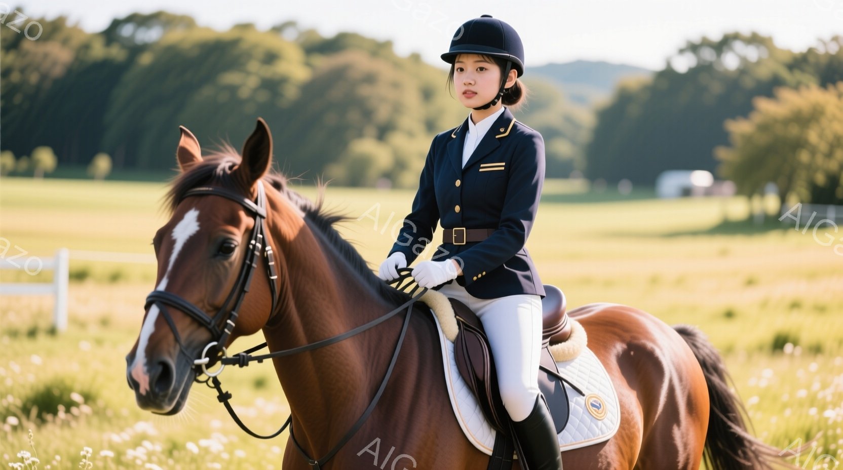 茶色の馬に乗った女性が写っています。彼女は紺色のジャケット、白いズボン、黒いブーツ、そして白い手袋という乗馬装束を身に着け、髪を後ろでまとめ、ヘルメットを着用しています。背景には緑の草原と木々、遠くに - AI生成フリー素材