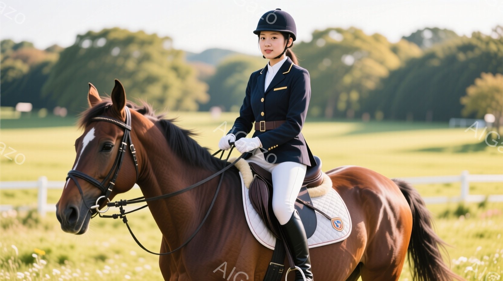 栗色の馬に乗った女性が写っている。彼女は紺色のジャケット、白いズボン、黒いブーツという乗馬ウェアを着用し、黒いヘルメットをかぶっている。背景は緑豊かな牧草地で、遠くに白いフェンスと木々が見え、晴天の下、穏やかで優雅な雰囲気が漂っている。
