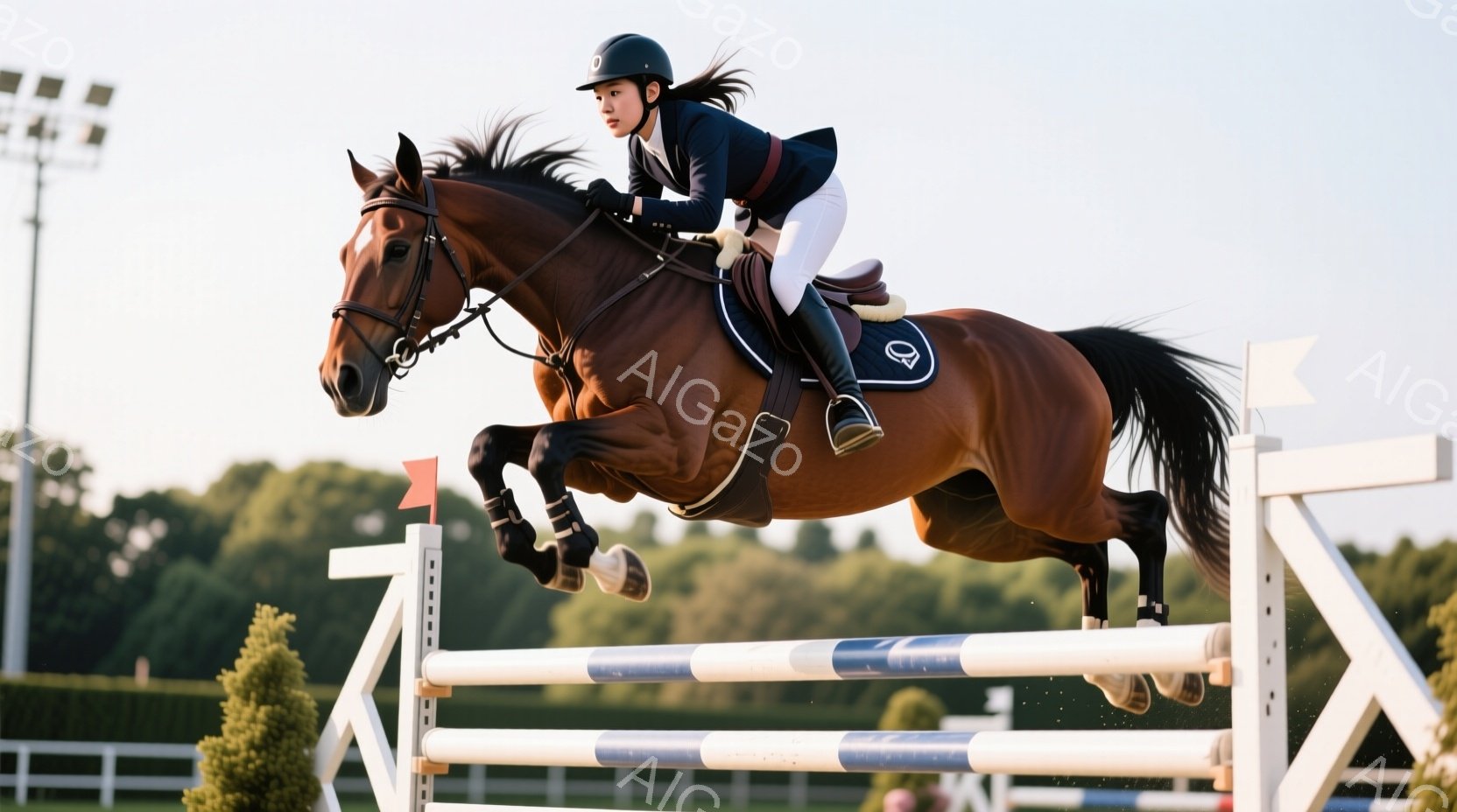 茶色の馬に乗った女性が障害物を飛び越えています。彼女は濃い青色のジャケット、白いズボン、黒いヘルメットを着用し、髪は後ろでまとめています。背景には緑豊かな木々が広がり、晴天の下で馬術競技が行われている様子が伺えます。