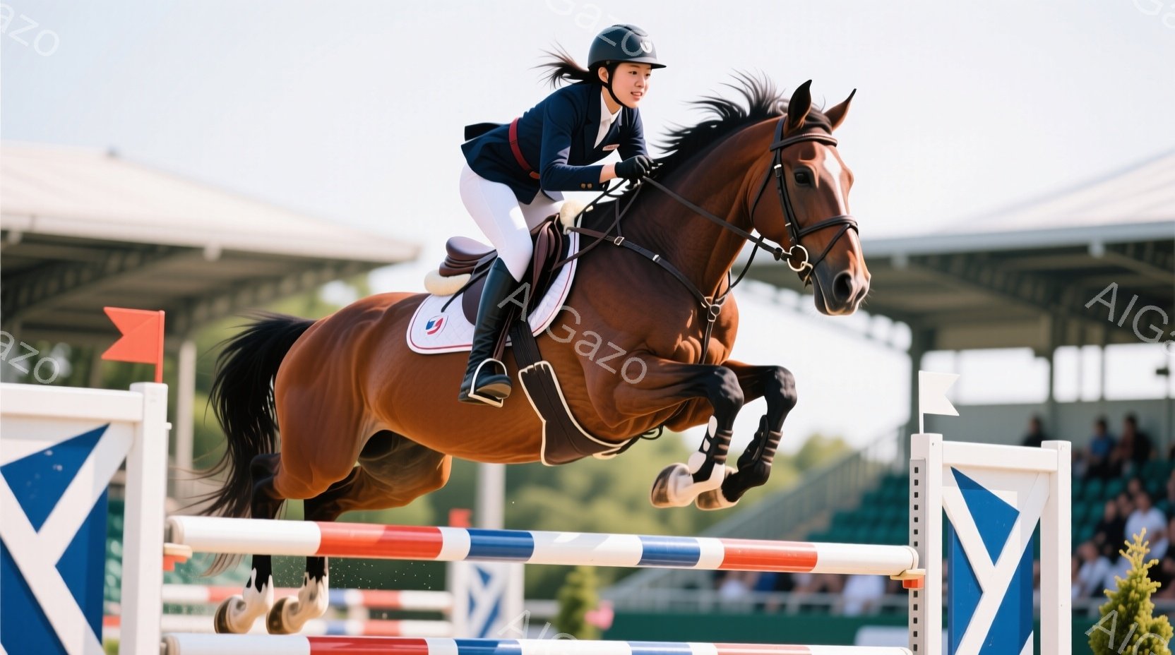 茶色の馬が障害飛越競技中に高くジャンプしている様子が写っている。ライダーは濃い青色のジャケット、白いズボン、黒いヘルメットを着用し、ポニーテールにしている。背景には緑の芝生、観客席、そして晴天の空が広がり、競技場の活気と爽やかな空気が伝わってくる。