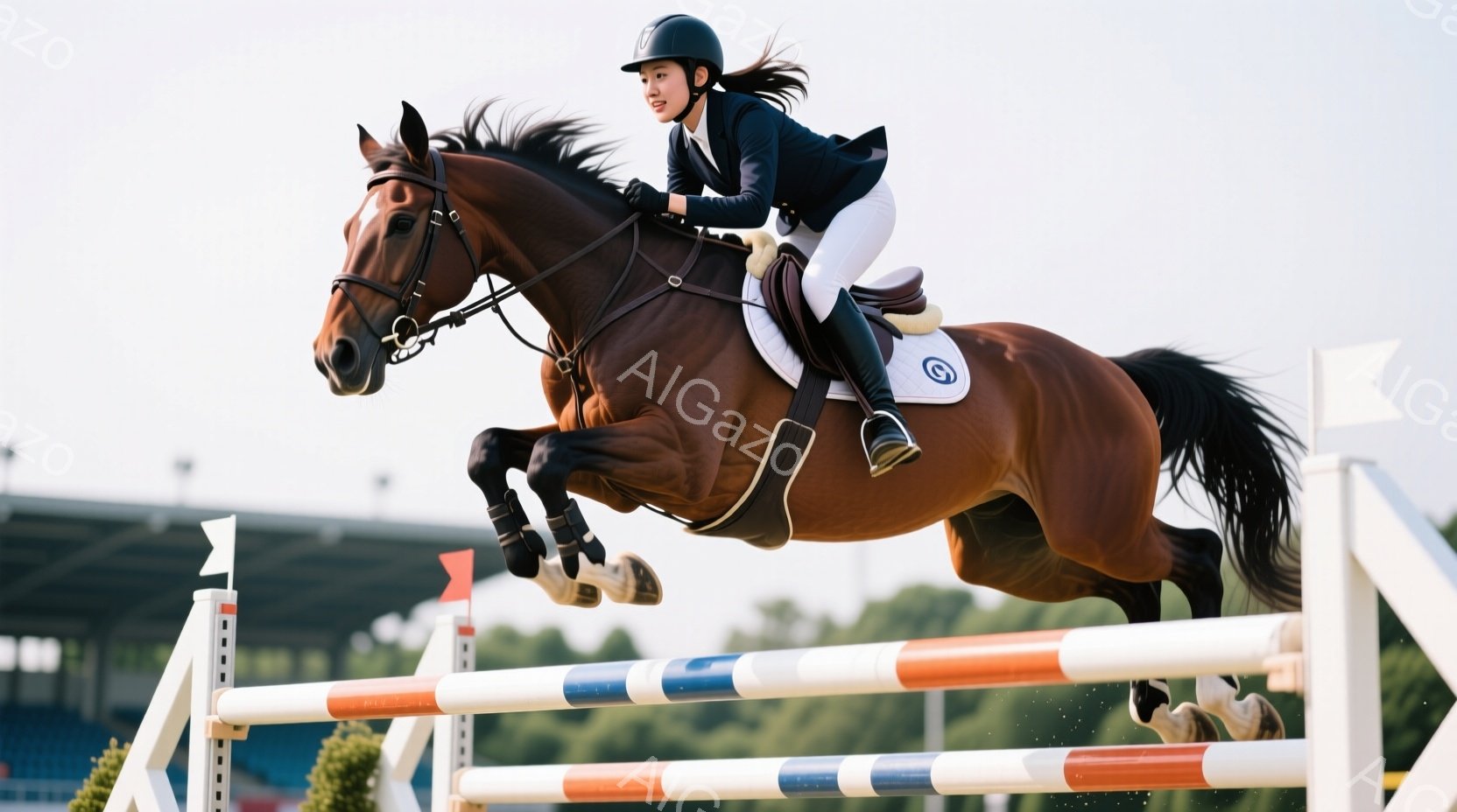 茶色の馬に乗った女性が障害飛越の瞬間を捉えた写真です。彼女は黒いヘルメット、濃い青色のジャケット、白いズボンを着用し、髪は後ろでまとめられています。背景には観客席と緑豊かな木々が見え、晴天の下、競技の活気ある雰囲気が伝わってきます。