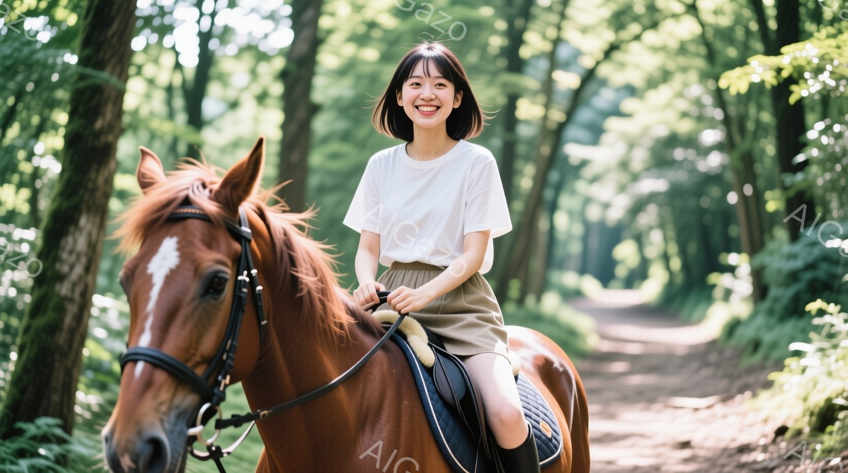 茶色の馬に乗った若い女性が写っている。彼女は白いTシャツとベージュのスカートを着用し、短い茶色の髪は肩にかかっている。背景は緑豊かな森林で、木々の間から光が差し込み、晴れた日の穏やかな雰囲気を醸し出している。