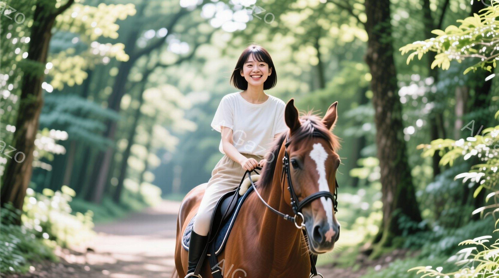 明るい笑顔の若い女性が、茶色の馬に乗って林道を歩いている。彼女は白いトップスとベージュ色のズボンを着用し、短いダークヘアに整えられている。背景には緑豊かな木々が立ち並び、木漏れ日が差し込み、穏やかで平和な雰囲気を醸し出している。