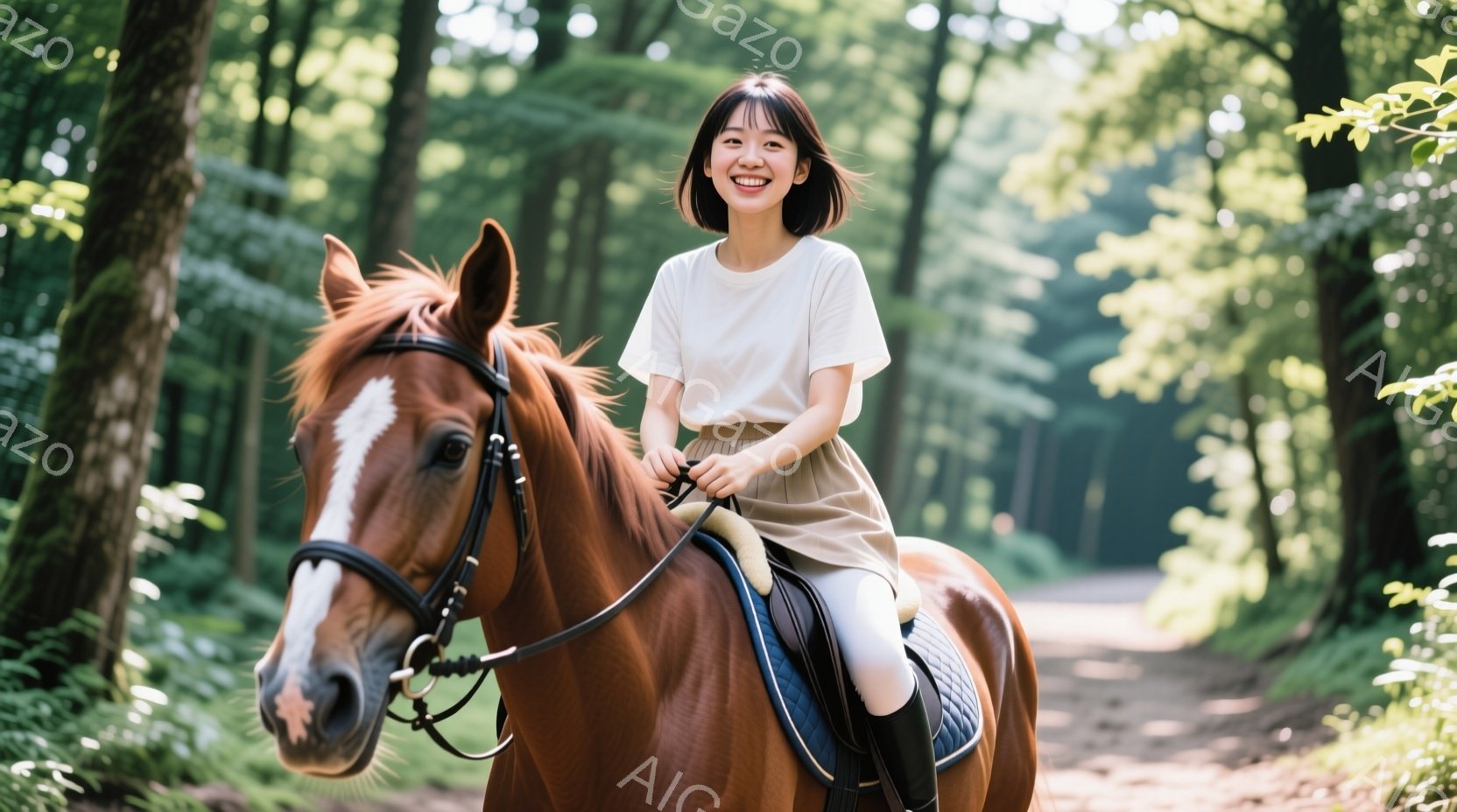 明るい茶色の馬に乗った若い女性が写っている。白いTシャツとベージュのスカートを身に着け、黒い乗馬ブーツを履いている。背景は緑豊かな森林で、木々の間から光が差し込み、穏やかで自然な雰囲気を醸し出している。