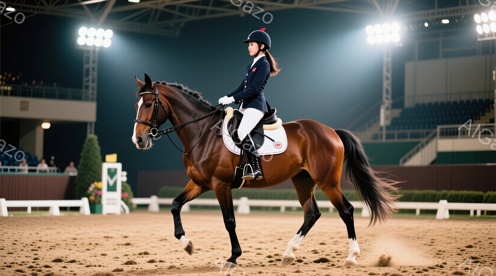 馬術競技中の女性と栗毛の馬が写っています。女性は黒いジャケット、白いズボン、ヘルメットを着用し、馬の背中でまっすぐに姿勢を保っています。背景には観客席と障害物が写っており、競技場全体が明るく照らされています。