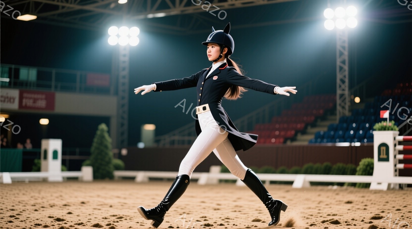 黒い乗馬ヘルメットを被り、黒のジャケットと白い乗馬ズボンを着用した女性が、馬場馬術の競技場でポーズをとっています。彼女は両腕を広げ、片足を前に出してバランスを取りながら、自信に満ちた表情をしています。背景には緑の障害物、観客席、そして競技場全体を明るく照らす照明が確認できます。