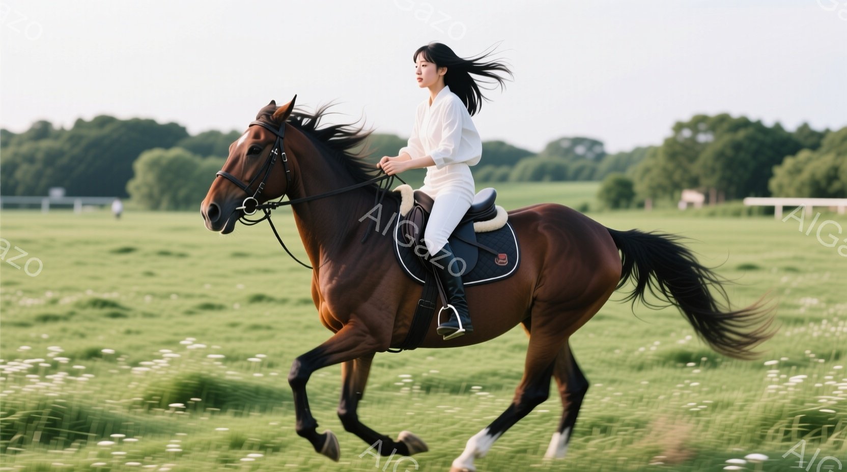 茶色の馬に乗った女性が、緑豊かな草原を疾走している。女性は白いシャツと白いズボンを身につけ、髪は風になびいている。背景には遠くの建物と木々が見え、晴れた日の爽やかな雰囲気が漂っている。 - AI生成フリー素材