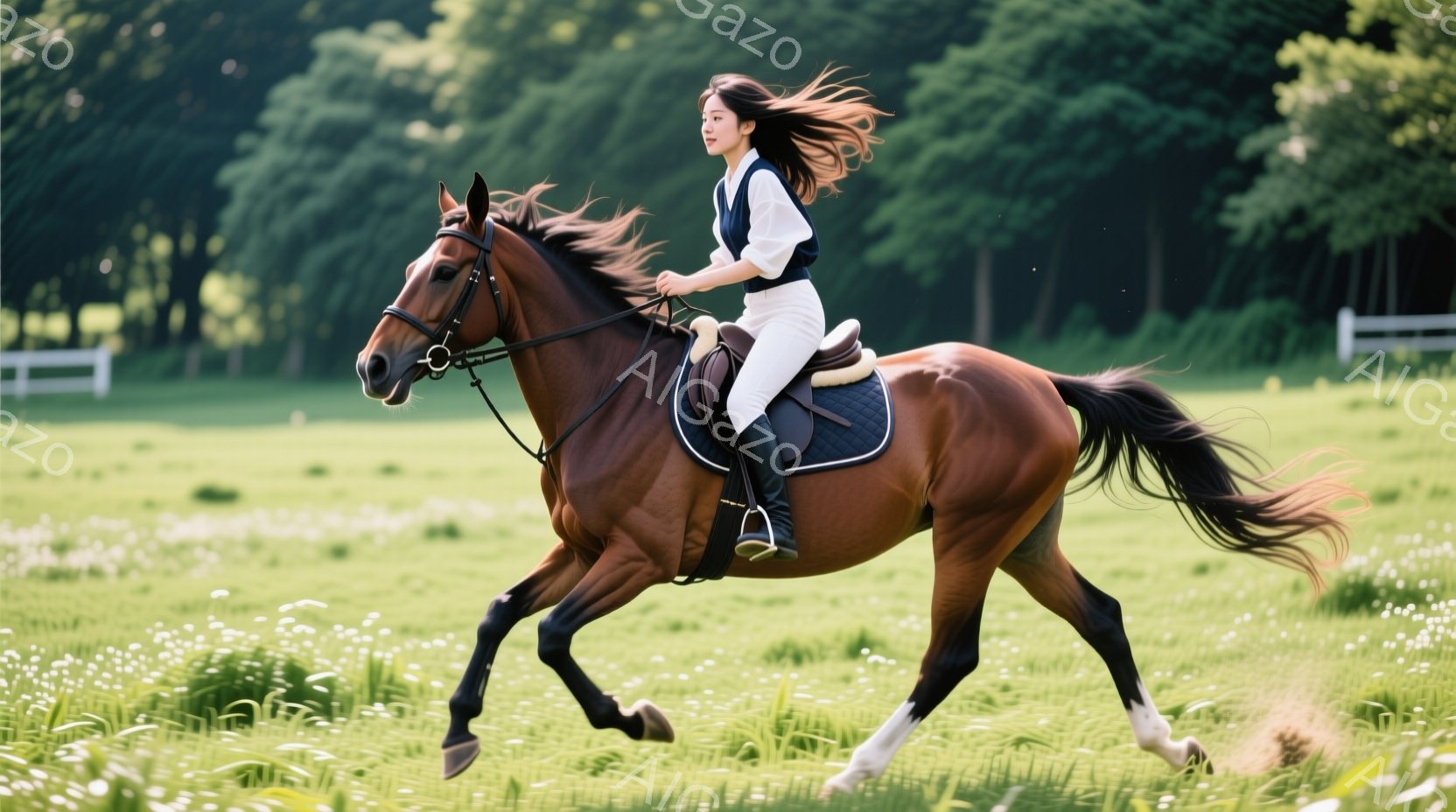 茶色の馬に乗った女性が、緑豊かな草原を疾走している。女性は白いシャツに紺色のベスト、白いズボン、黒いブーツを着用し、髪は風になびいている。背景には木々やフェンスが見え、晴天の下、活気に満ちた開放的な雰囲気が漂っている。