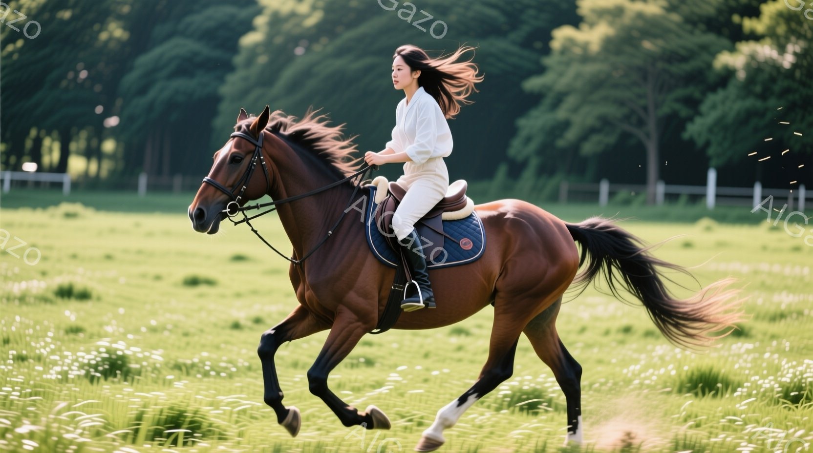 栗色の馬に乗った女性が、緑豊かな草原を疾走している。白いシャツと乗馬ズボンを身につけ、風になびく長い髪が印象的だ。背景には白い花が咲き乱れ、牧歌的な雰囲気の中で、女性と馬は一体となって疾走している。