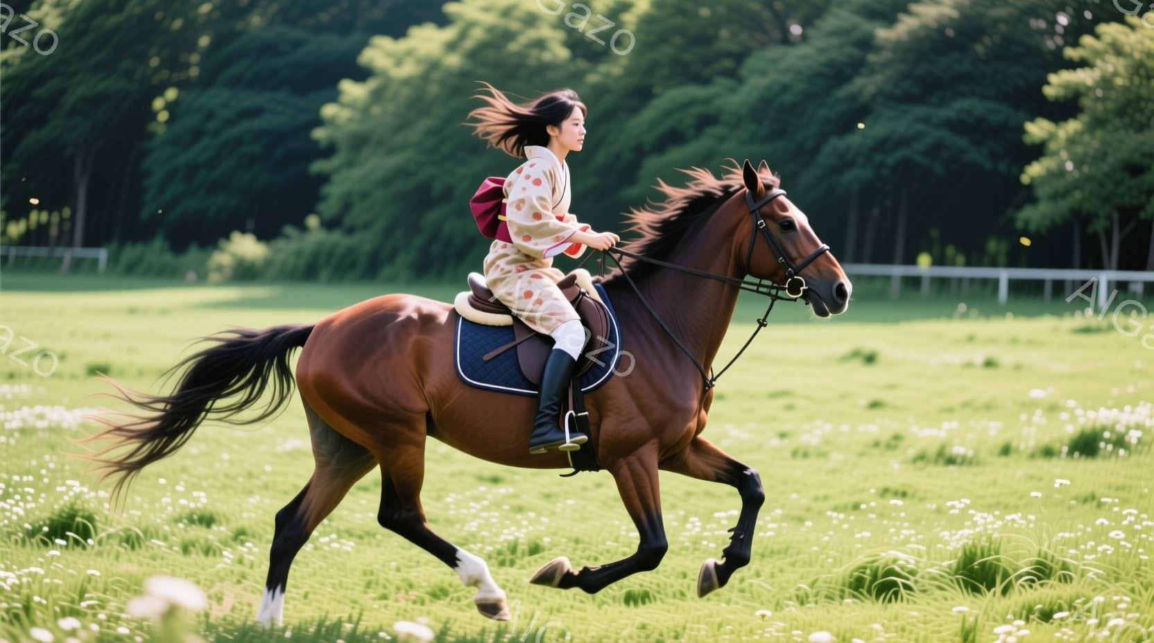 茶色の馬に乗った女性が草原を疾走している。女性はオフホワイトのジャケットと黒いズボンを着用し、髪は風になびいている。背景には緑豊かな木々と白い花が咲き乱れる草原が広がり、晴天の下、活気ある雰囲気が漂っ - AI生成フリー素材