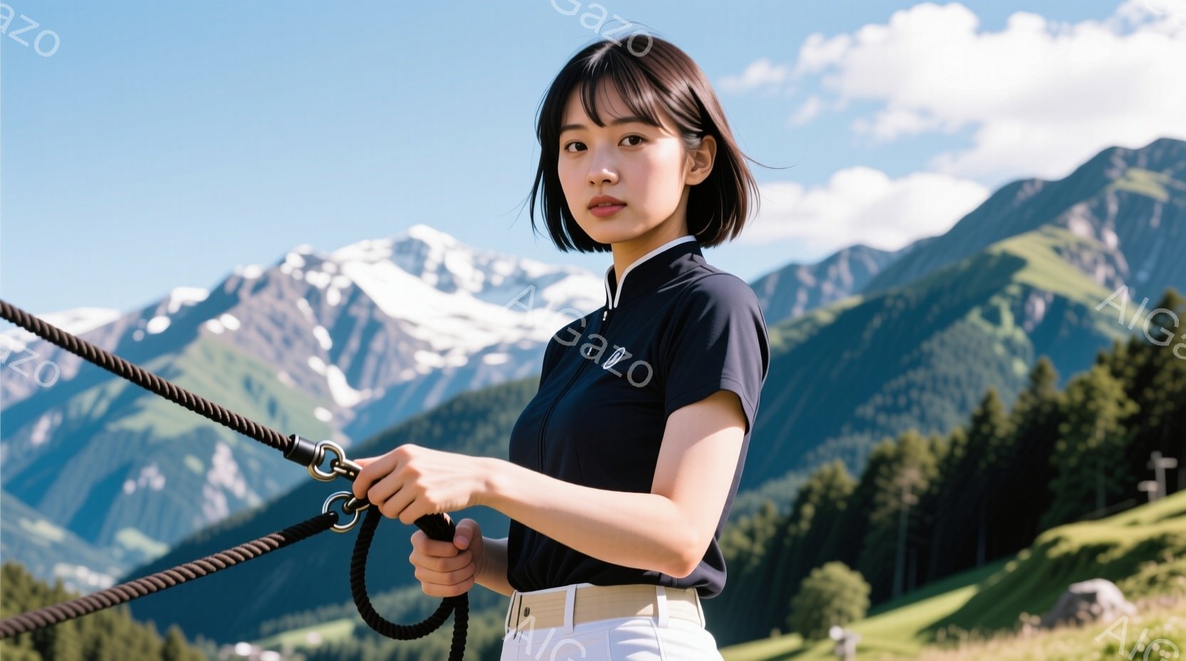 短い黒髪で前髪を下ろした女性が、紺色のジップアップシャツと白いズボンを身につけています。彼女はロープを握り、少し横を向いて凛とした表情を浮かべています。背景には緑豊かな山々と雪を頂いた山々が広がり、晴天の高原の風景が広がっています。