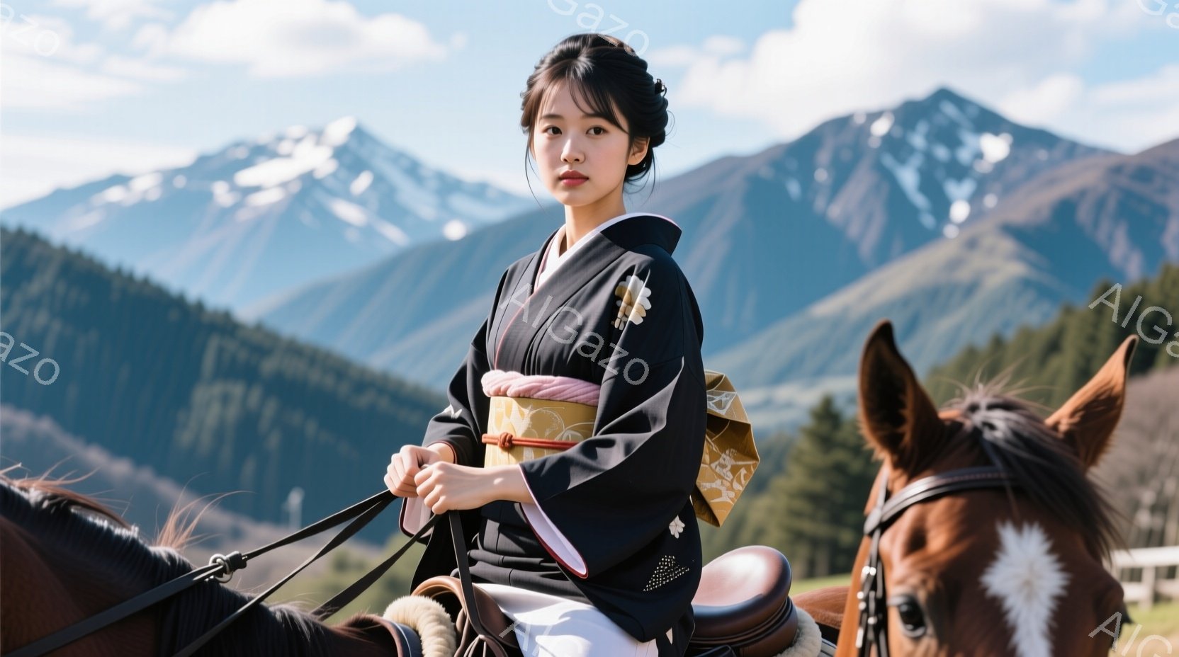 黒地に黄色い模様が入った着物を着た女性が馬に乗っています。彼女はピンク色の帯で、髪を後ろでまとめています。背景には雪を抱いた山々が広がり、晴れた空と緑の丘が広がっています。 - AI生成フリー素材