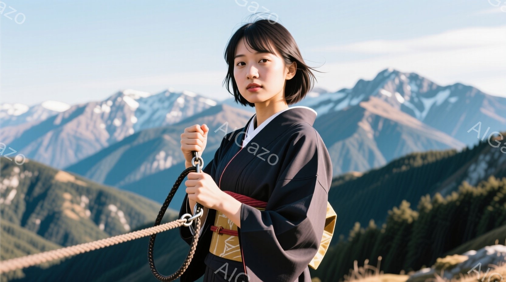 黒地に赤の帯を締めた着物を身につけた女性が、険しい山々を背景に立っている。彼女は肩まで伸びた黒髪で、少し微笑んだ表情でロープを握っている。背景には緑豊かな森林と雪を抱いた山々が広がり、晴天の下、静かで - AI生成フリー素材