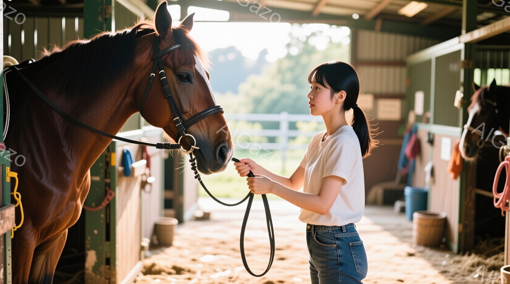 茶色の馬が厩舎の中で立っており、若い女性が馬のたてがみと手綱を握っています。彼女は白いTシャツとジーンズを着ており、髪は後ろでポニーテールに結ばれています。背景は木製の柱と壁の厩舎で、自然光が差し込み、穏やかで牧歌的な雰囲気を醸し出しています。