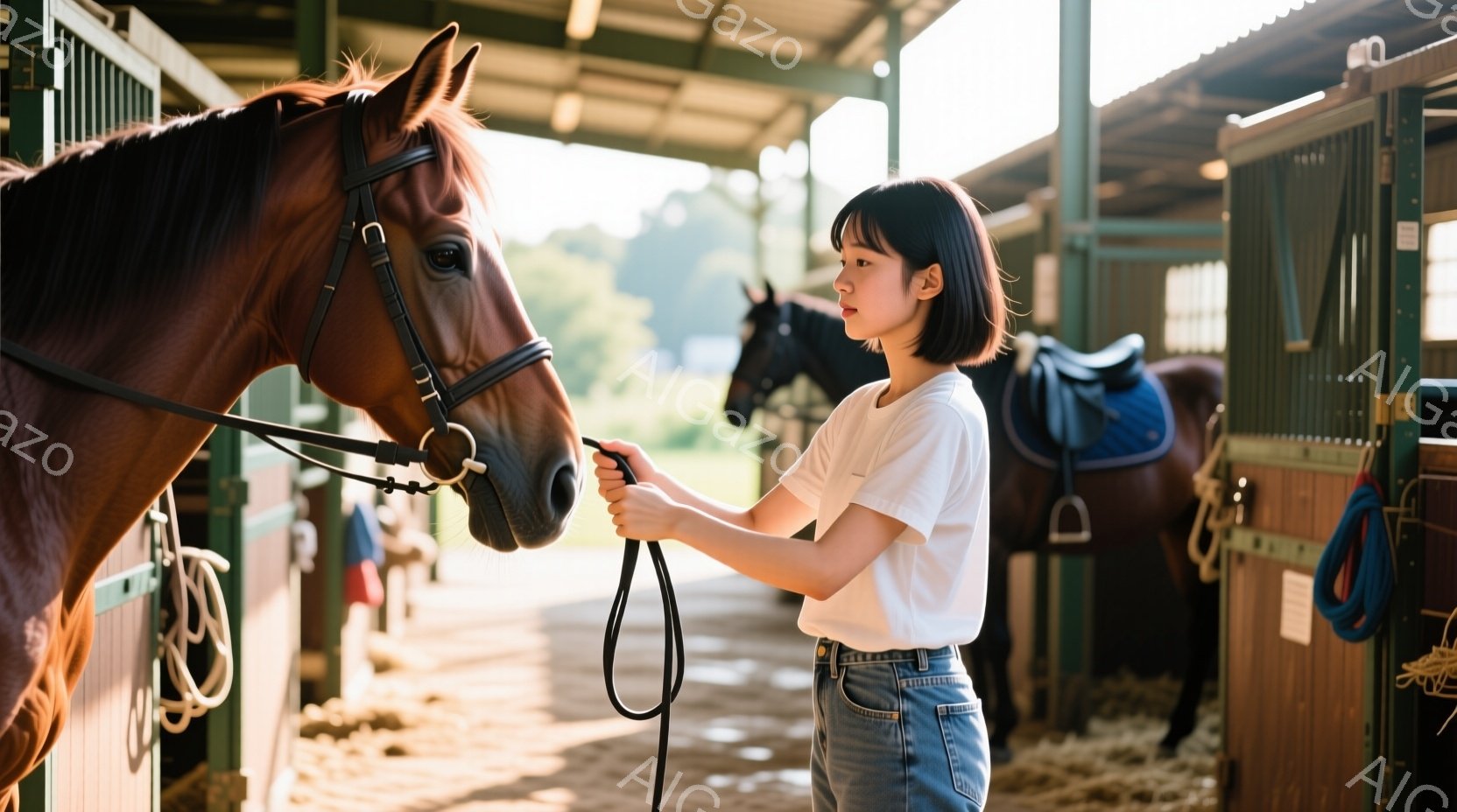 若い女性が茶色の馬の隣に立っており、馬の手綱を持っています。彼女は白いTシャツとジーンズを着ており、短くダークブラウンのヘアスタイルをしています。背景は馬小屋の内部で、自然光が差し込み、落ち着いた穏やかな雰囲気です。