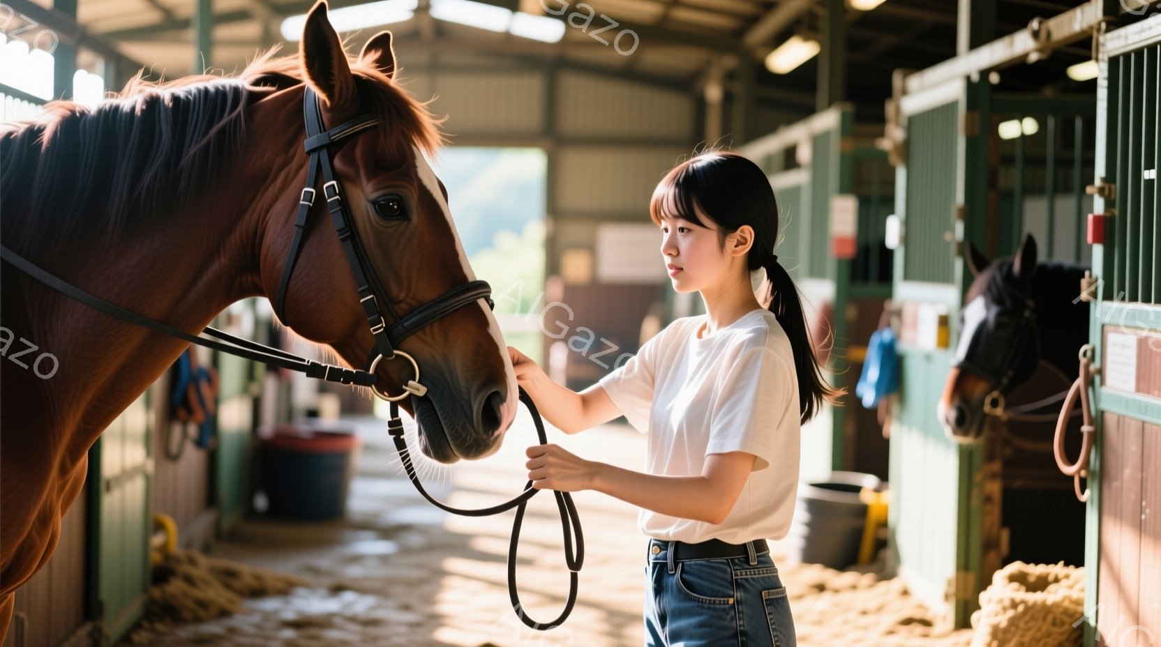 若い女性が茶色の馬の首元を優しく撫でています。彼女は白いTシャツとデニムのズボンを着ており、長い黒髪をポニーテールにまとめています。背景は木製の馬小屋で、他の馬や馬具が見え、全体的に穏やかで温かい雰囲気が漂っています。