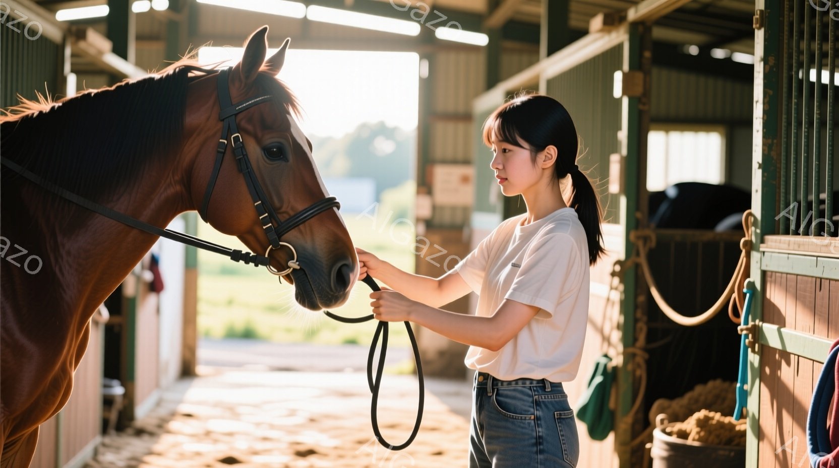 若い女性が茶色の馬の隣に立っており、馬の手綱を持っています。彼女は白いTシャツとデニムのズボンを着用し、髪は後ろで一つにまとめています。背景には厩舎の構造が確認でき、明るい光が差し込み、穏やかで自然な雰囲気を醸し出しています。