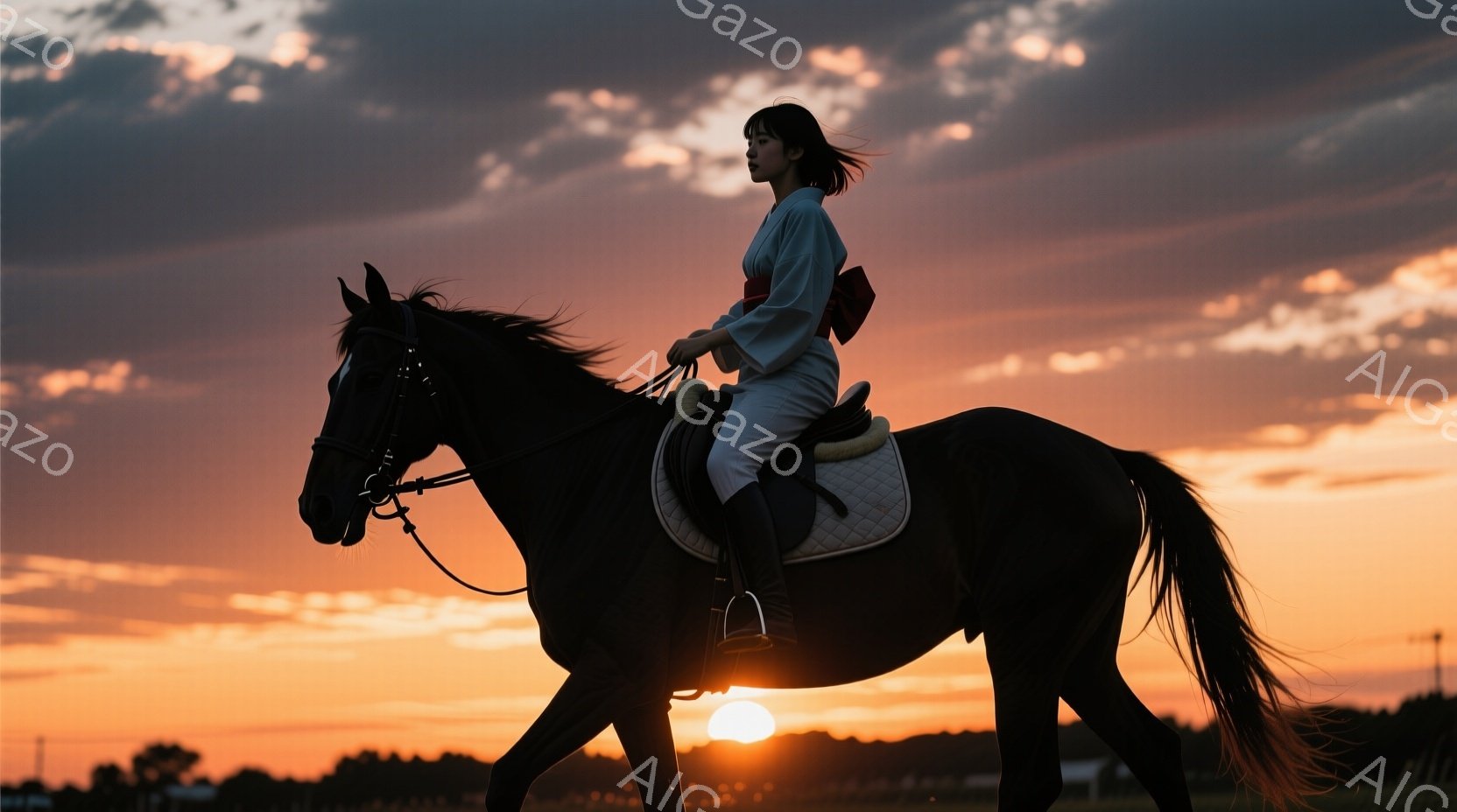黒い馬に乗った女性が夕焼けを背景にシルエットで描かれている。女性は白い服と赤い帯を身につけ、髪は風になびいている。背景には燃えるような夕焼け空と、遠くに見える建物や草原が広がり、力強く美しい雰囲気を醸 - AI生成フリー素材