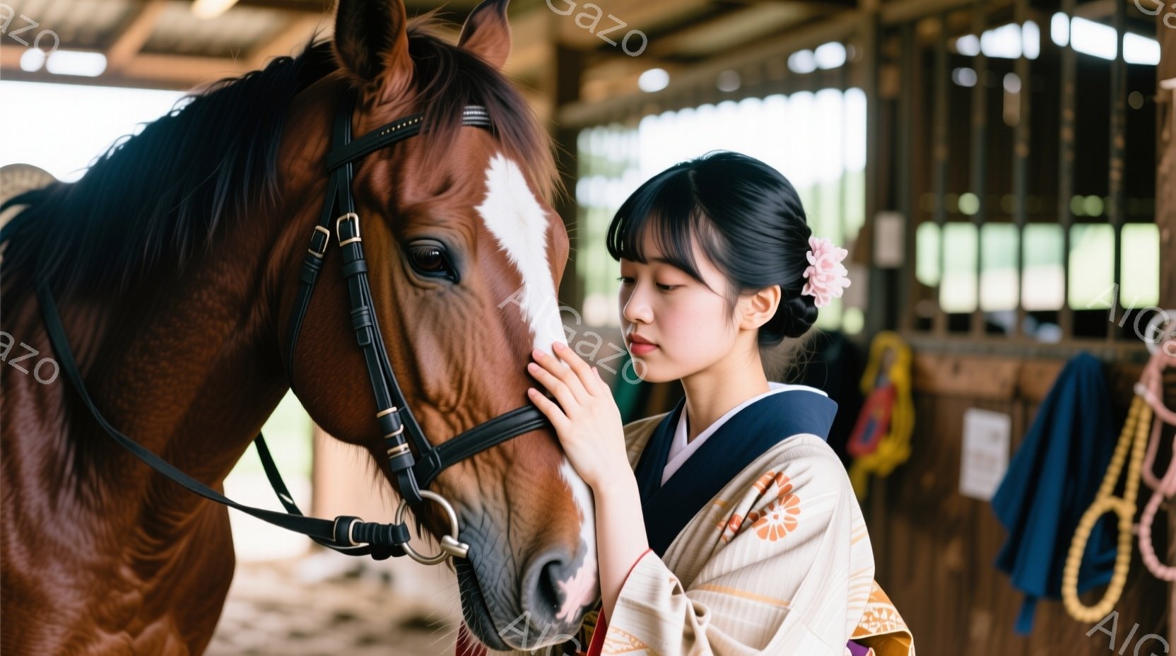 茶色の馬がフレームの左側に大きく写っており、右側には着物を着た若い女性が寄り添っています。女性は明るいクリーム色の着物で、濃い青色の帯が締まっています。彼女は髪を後ろでまとめ、花の髪飾りを付けており、 - AI生成フリー素材