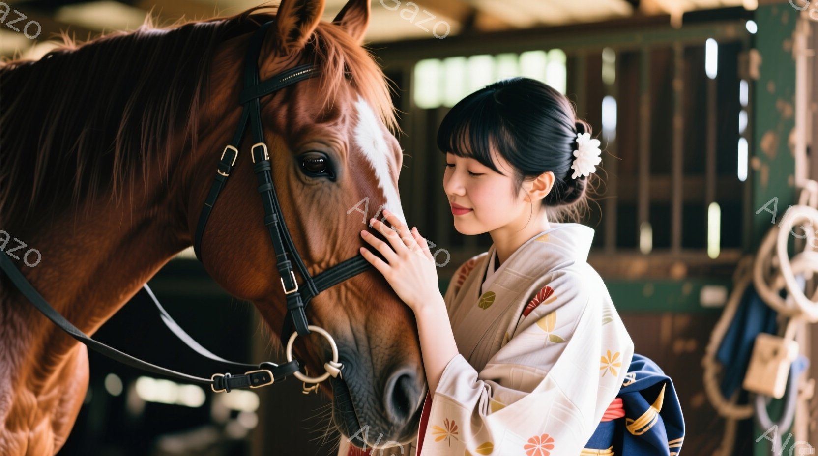 鮮やかなクリーム色の着物に、赤い帯と髪飾りをつけた女性が、茶色の馬の鼻先に優しく触れている。女性は微笑み、穏やかな表情で馬と親しみを交わしている。背景は木製の馬小屋で、馬具や光が差し込み、全体的に暖か - AI生成フリー素材
