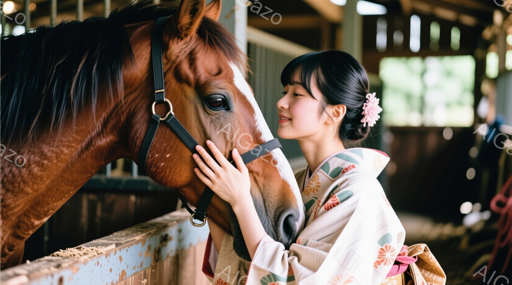 白い木柵の前に茶色の馬が立っており、若い女性がその馬の鼻に優しく触れている。女性はクリーム色の着物に赤い帯を締め、髪を後ろでまとめ、髪飾りをつけている。背景には木製の柱が並び、馬小屋のような場所で、温かく優しい雰囲気が漂っている。
