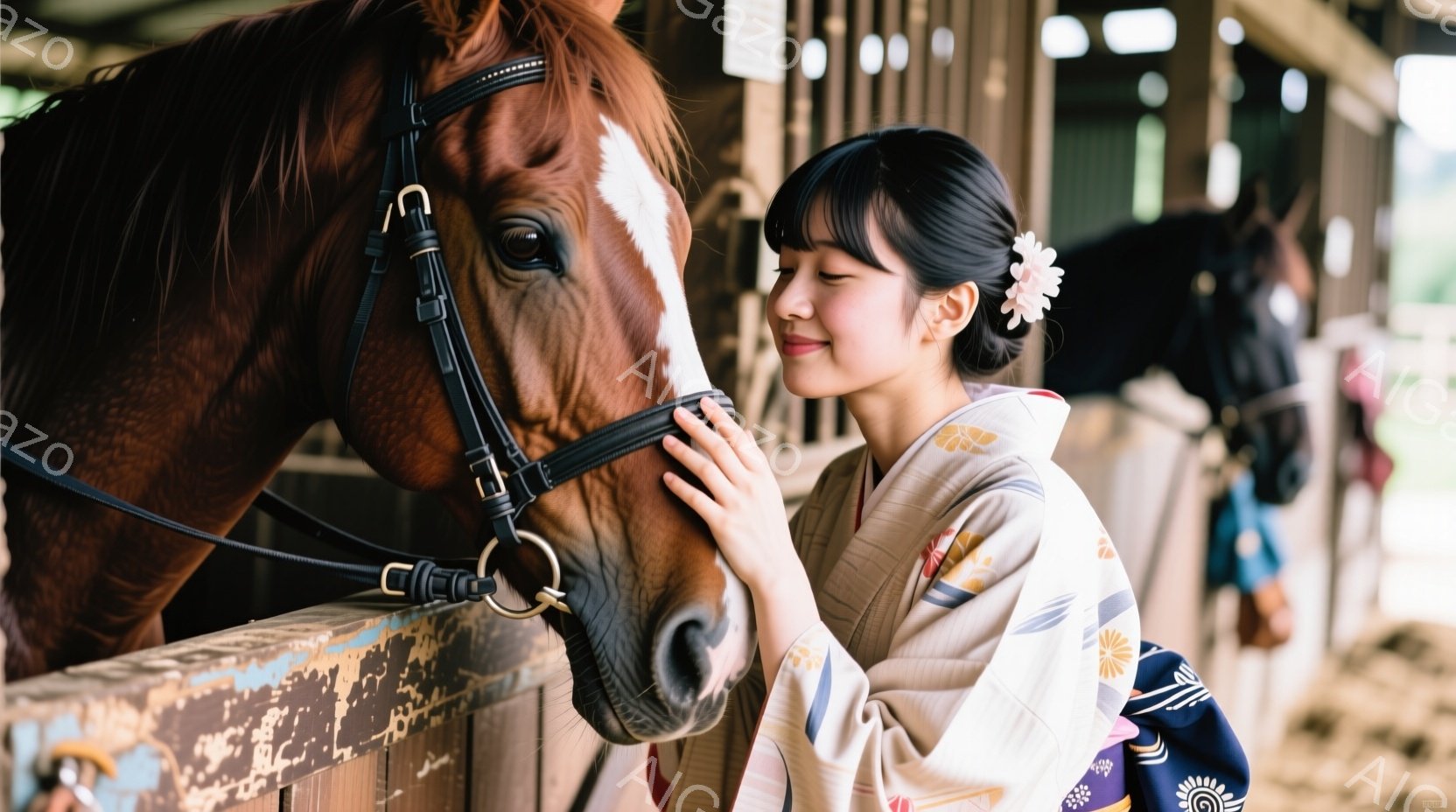 女性はクリーム色の帯が巻かれた着物を着ており、髪は後ろでまとめられ、白い花飾りをつけています。彼女は馬の鼻に優しく触れており、微笑んでいて、穏やかで優しい表情をしています。背景は木製の馬小屋で、他の馬も見え、全体的に暖かく、牧歌的な雰囲気が漂っています。