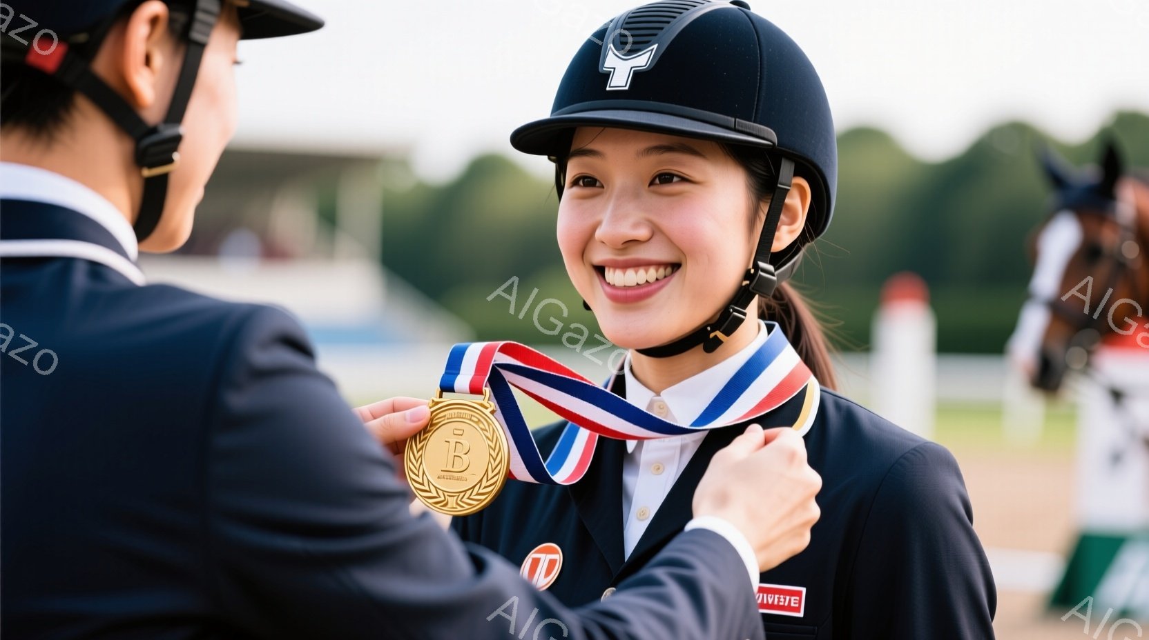 若い女性競技者が、誰かから金色のメダルを受け取ろうとしている場面です。彼女は黒いジャケットに白いシャツ、そしてヘルメットを着用し、満面の笑みを浮かべています。背景には緑豊かな木々や競技場の一部が見え、 - AI生成フリー素材