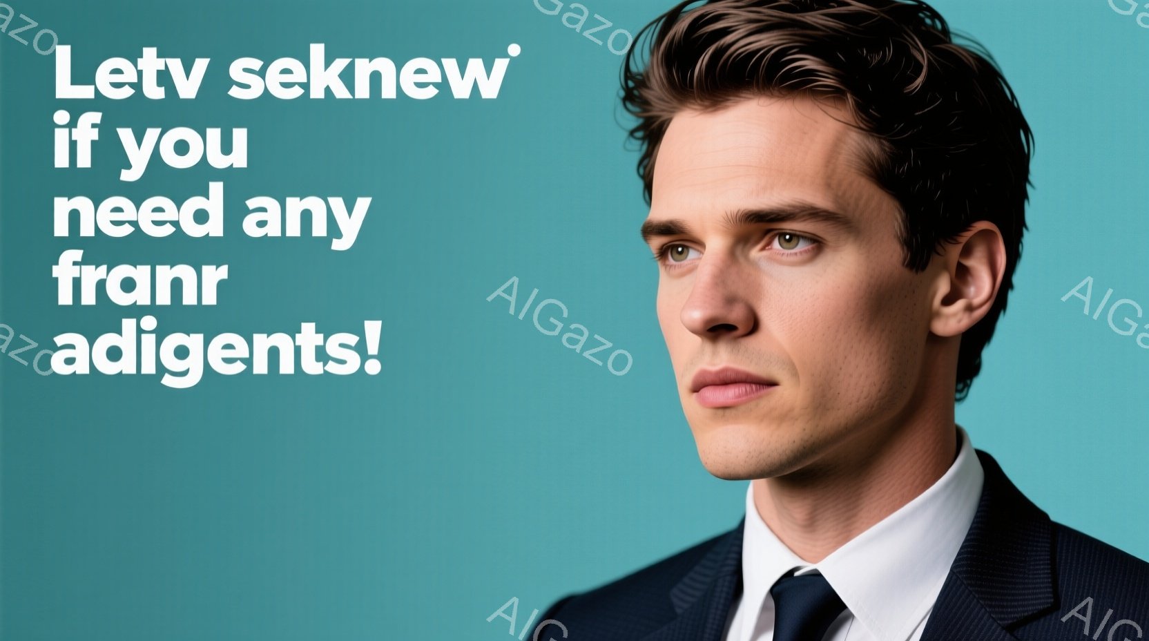 若い男性が、濃い青色のスーツと白いシャツ、ネクタイを着用し、少し上目線でこちらを見ている。彼の髪はダークブラウンで、整髪されており、表情はやや真剣で、自信に満ち溢れているように見える。背景は明るい水色 - AI生成フリー素材