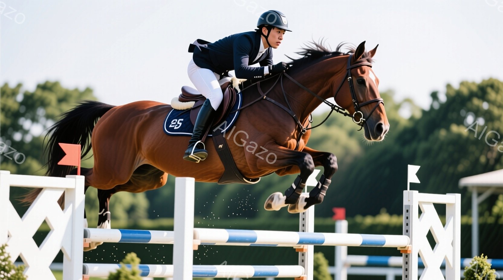 馬術競技中の女性ライダーが、茶色の馬にまたがり、障害を飛び越えています。ライダーは黒いヘルメットとジャケット、白いズボンを着用し、集中した表情で姿勢を保っています。背景には青空と緑豊かな木々が見え、晴天の下、競技の緊張感と躍動感が伝わってきます。