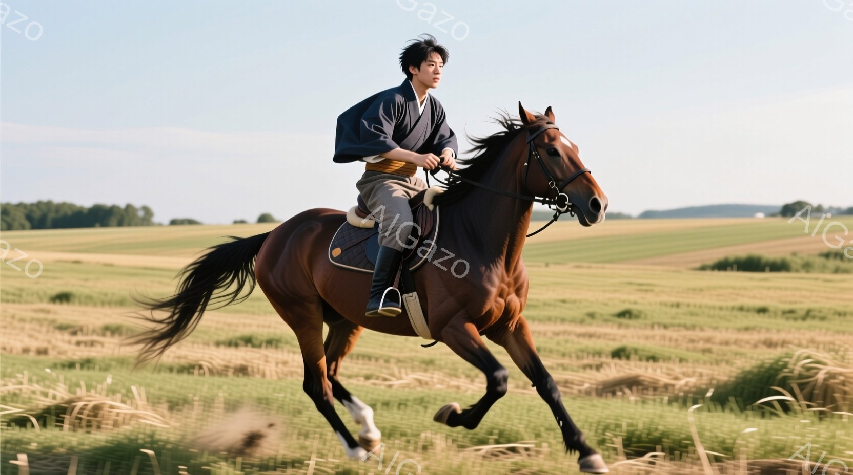若者は茶色の馬に乗って草原を疾走している。藍色の着物に白い帯を締め、黒髪を無造作に撫でつけた姿は凛々しく、表情は前方を強く見据えている。背景には広大な草原と遠くの森林地帯が広がり、晴天の下、爽やかな風が吹き抜けるような開放感のある風景だ。