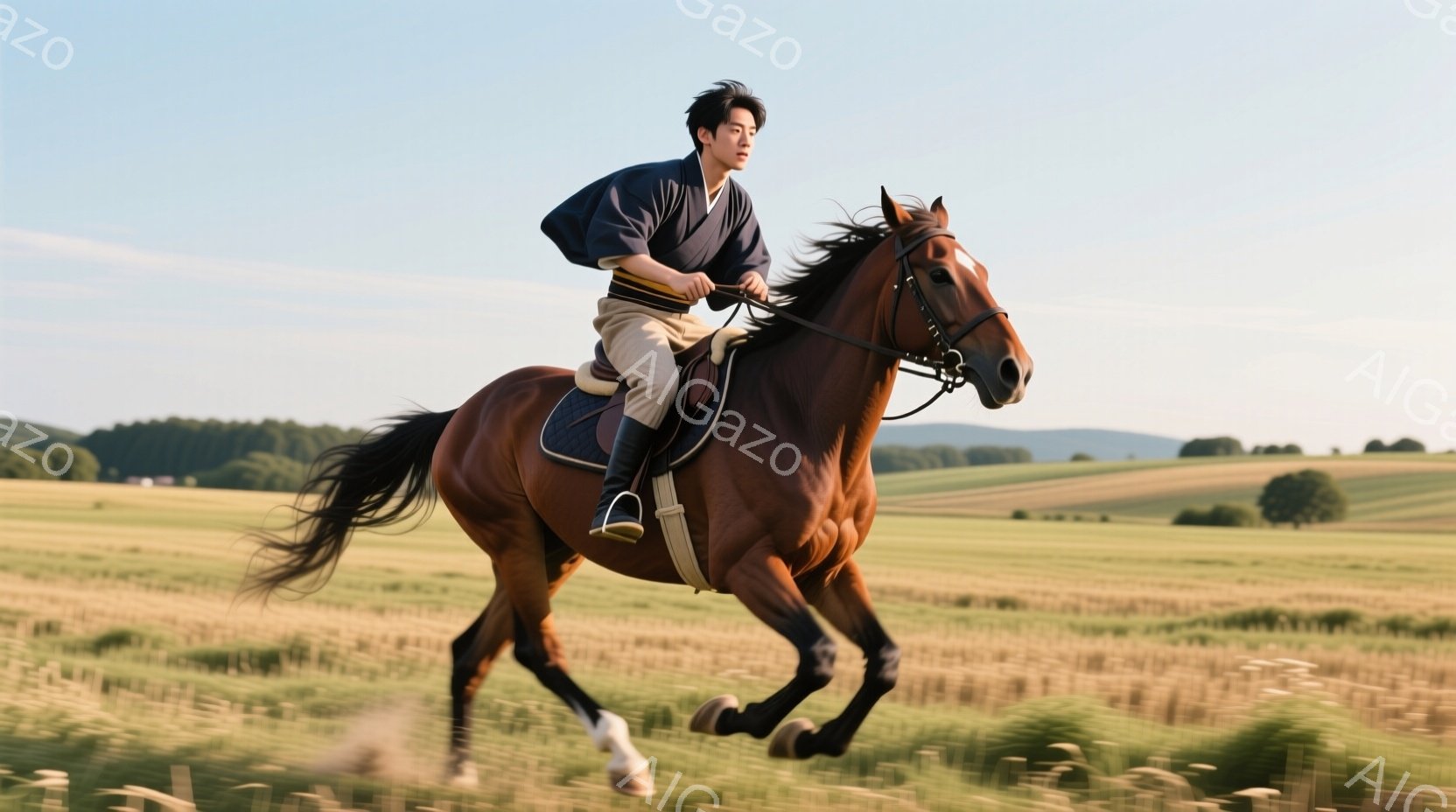 栗色の馬に乗った男性が、黄金色の草原を疾走している。彼は濃い青色の着物のような上着と、クリーム色のズボンを着用し、髪を後ろで束ねている。背景には緑の丘陵と遠くの森林が見え、晴天の下、活気に満ちた開放的 - AI生成フリー素材