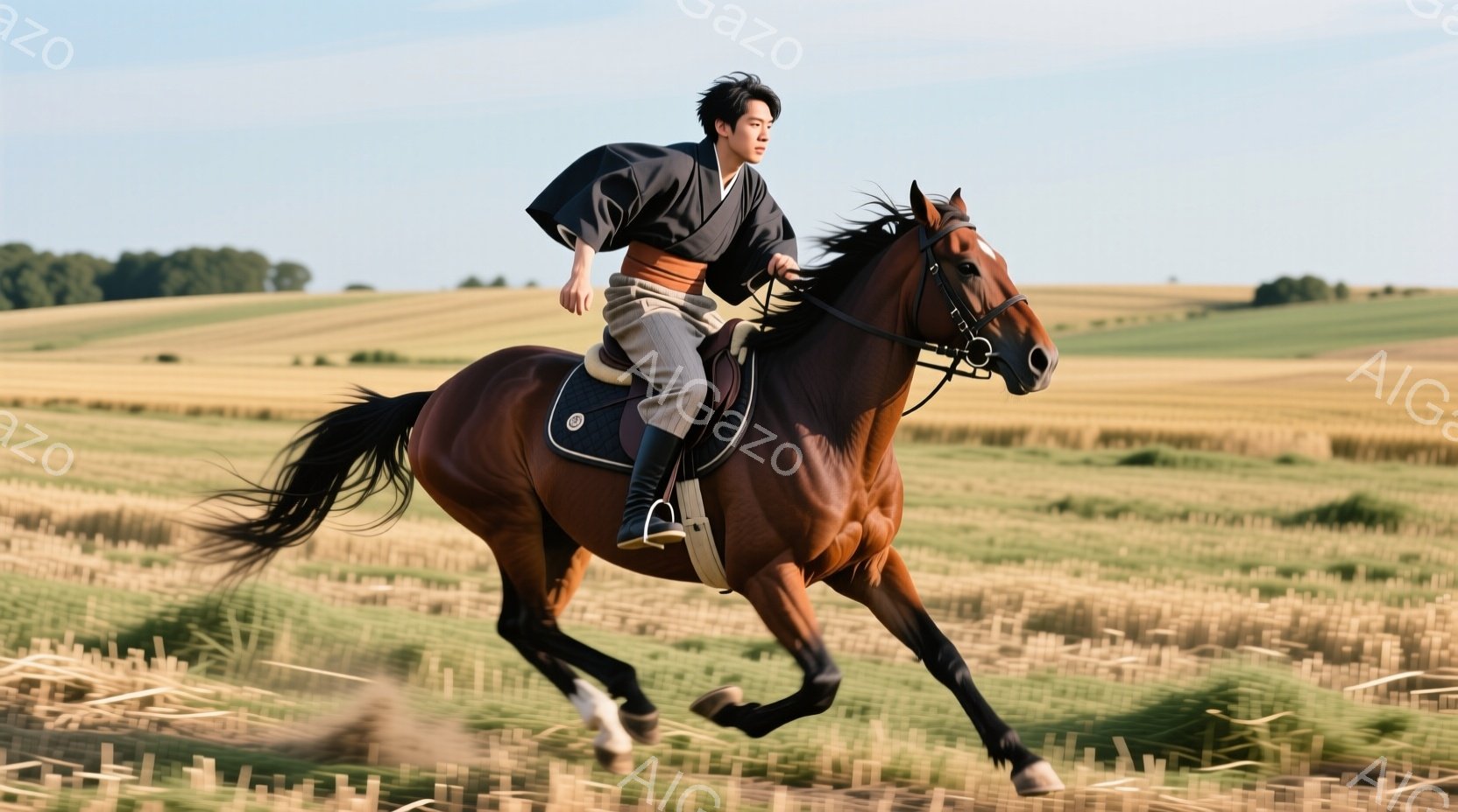 濃い茶色の馬に乗った男性が、金色の麦畑を疾走している。男性は黒い着物のような上着と、白のズボンを身につけ、腰には赤い帯を締めている。背景には緑の木々が見え、晴天の下、躍動感あふれる光景が広がっている。 - AI生成フリー素材