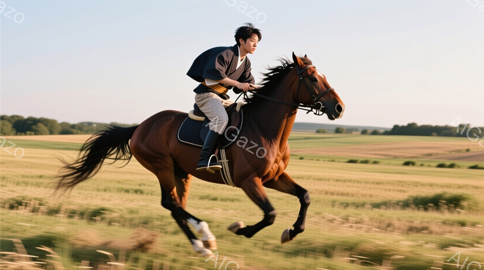 若い男性が茶色の馬に乗って草原を疾走している。彼は濃い色の着物のような上着と白いズボンを身につけ、黒髪を短く整えている。背景には、緑豊かな丘と広大な草原が広がり、晴れた空の下、躍動感あふれる光景が広が - AI生成フリー素材