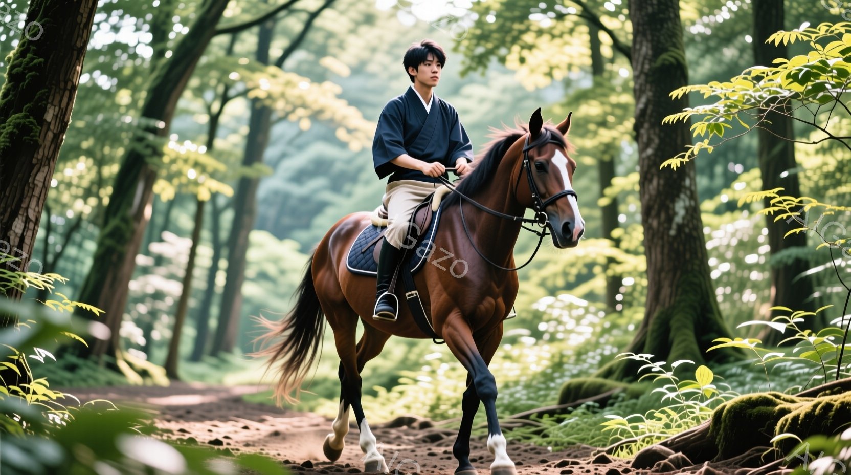 若い男性が茶色の馬に乗って森の中を歩いている。彼は濃い青色の着物のような上着と白いズボンを身に着け、短髪で穏やかな表情をしている。背景は緑豊かな木々や茂みで覆われ、薄暗い光が差し込み、静かで平和な雰囲 - AI生成フリー素材