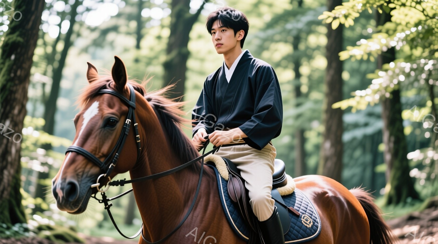 日本の木々に囲まれた林中を馬に乗り、髪が長く下向きの表情で運動的なポーズをとる少年。着物や武士装束を纏う姿勢は伝統的であり、全体として時代背景が江戸時代のように感じられる。