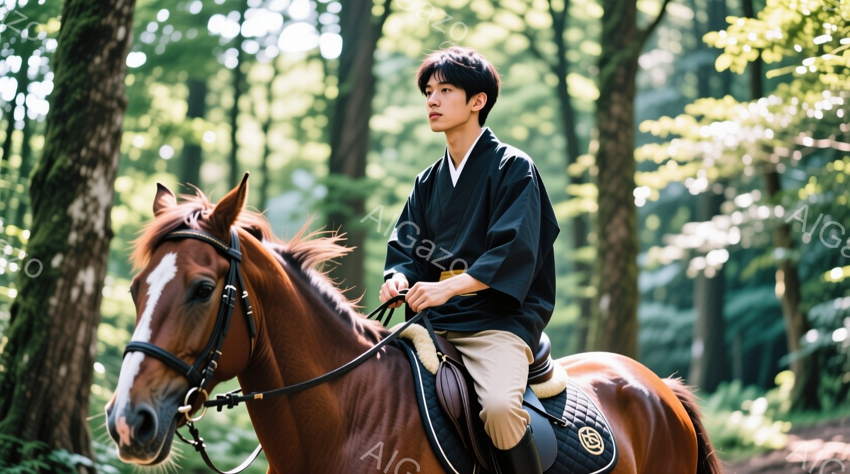 若い男性が茶色の馬に乗って森の中を歩いている様子が描かれている。彼は白いシャツに黒いジャケット、ベージュ色のズボン、そして黒いブーツを着用し、髪は短く整えられている。背景には木々が生い茂り、光が差し込 - AI生成フリー素材