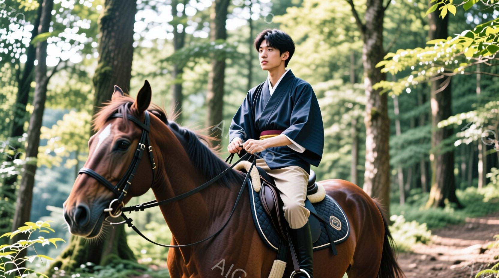 若い男性が茶色の馬に乗って森の中を歩いている。彼は濃い青色の着物のような上着に、白いズボン、そして黒いブーツを履いており、髪は短く整えられている。背景は緑豊かな木々に覆われ、光が差し込み、穏やかで静か - AI生成フリー素材