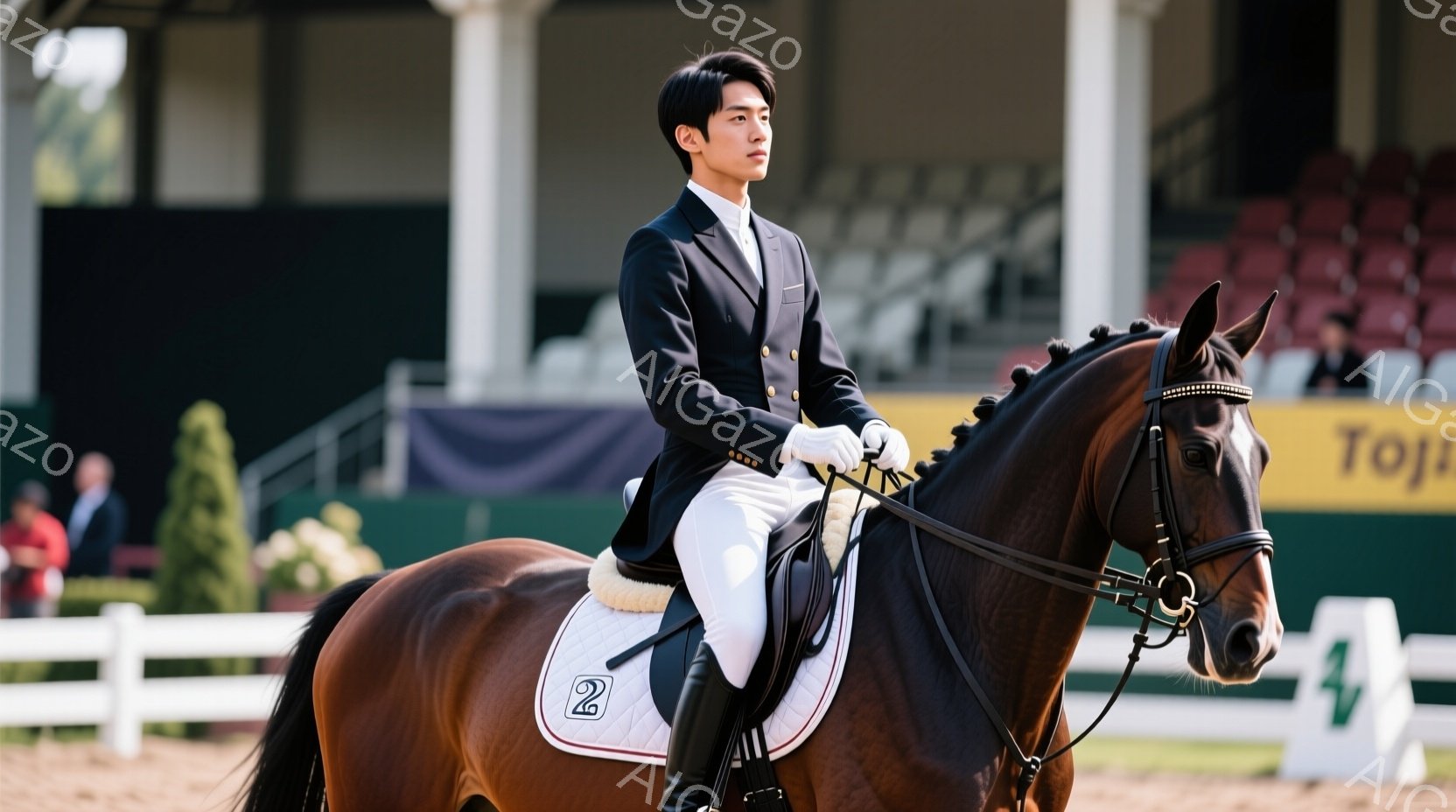 競技場で馬に乗った男性が写っている。彼は黒いジャケット、白いズボン、黒いブーツという乗馬服を着用し、整髪された黒髪と真剣な表情をしている。背景には白い柵と観客席、そして一部緑が見え、晴れた日の競技会の - AI生成フリー素材