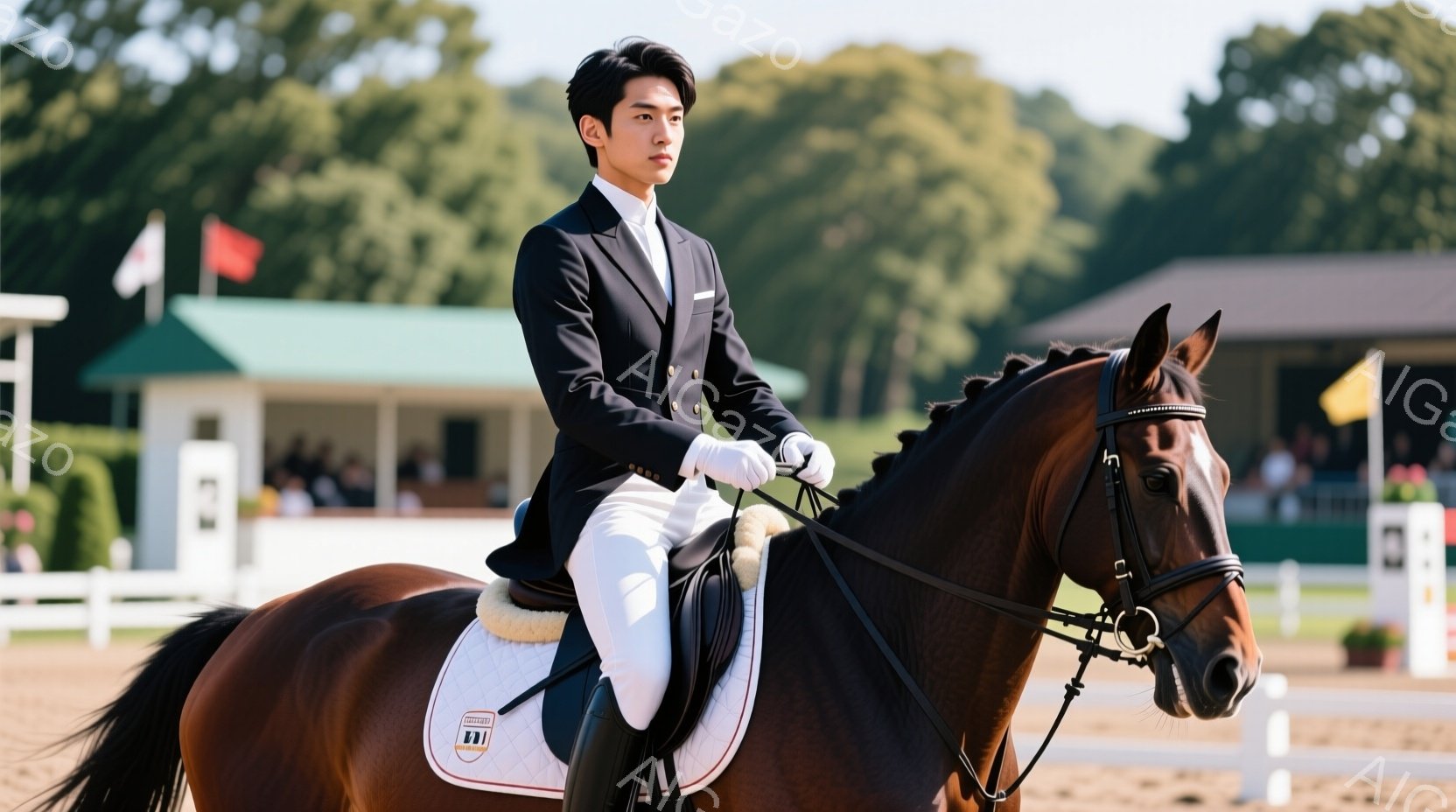 見事な栗色の馬に乗った男性が写っている。彼は白いズボンと黒いジャケット、白いシャツ、ネクタイを身につけており、競技用の服装をしている。背景には白いフェンスと緑豊かな自然が見え、晴れた日の競技会の雰囲気が漂う。