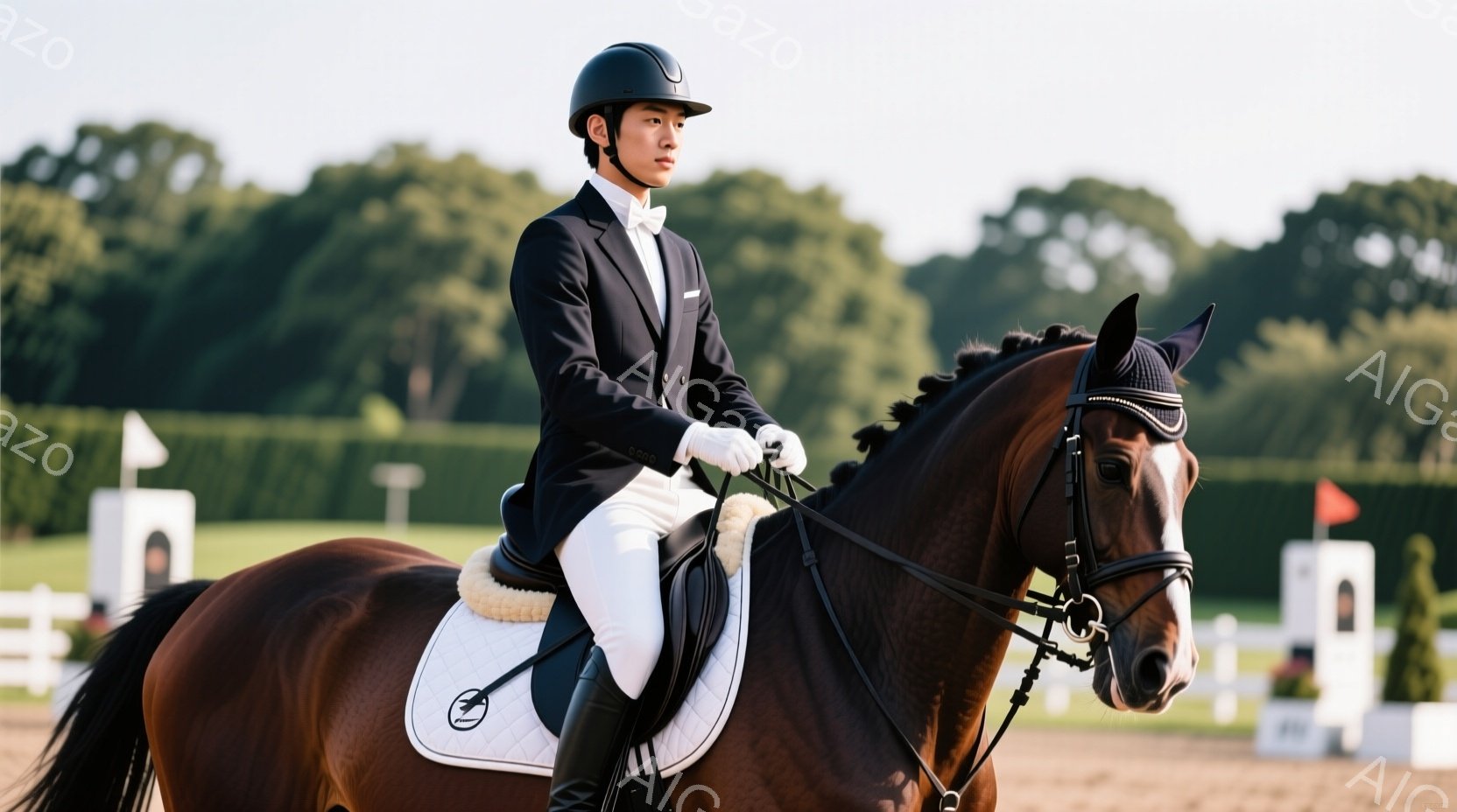 見事な栗色の馬に乗った男性が写っている。彼は黒いジャケット、白いズボン、黒いヘルメットを着用し、整った髪型をしている。背景には障害物と緑豊かな木々が見え、晴れた日の競技会のような雰囲気が漂っている。 - AI生成フリー素材