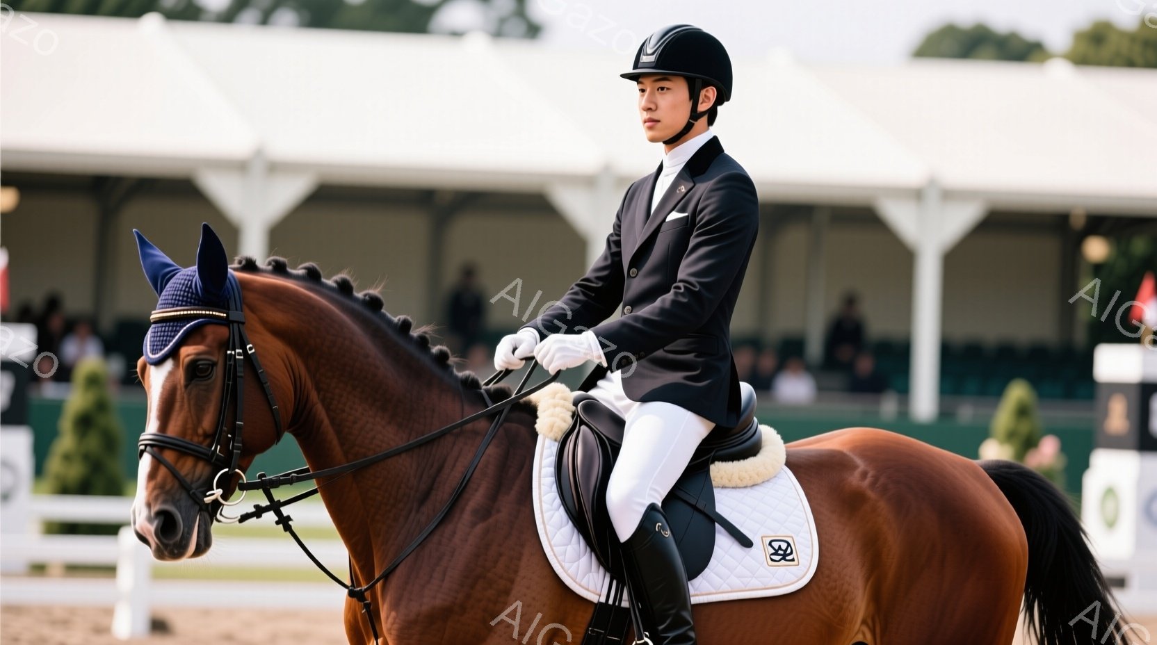 栗色の馬に乗った競技者が写っている。黒いジャケット、白いズボン、黒いブーツという競技用の服装で、ヘルメットを被っている。背景には白く装飾された建物と緑豊かな自然が見え、晴天の下、競技会が行われている様子が伺える。