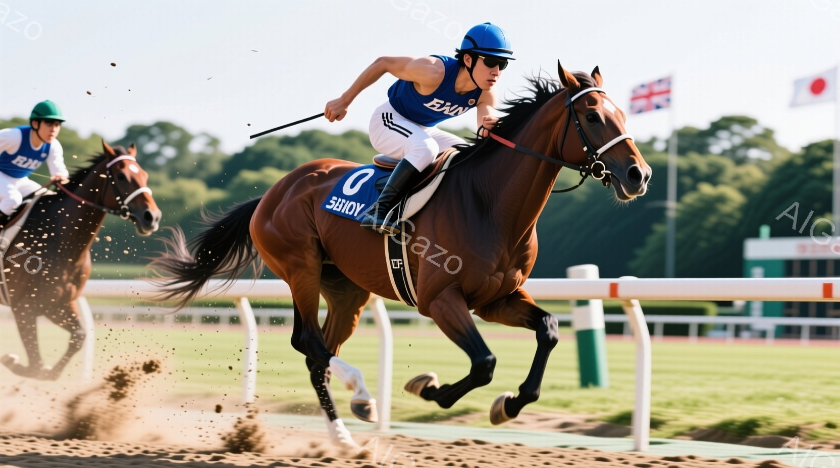 栗毛の競走馬が疾走している様子を捉えた写真で、騎手は青と白のストライプのユニフォームを着用し、集中した表情で前を見据えている。馬は泥土のトラックを勢いよく駆け抜け、背景には緑豊かな木々と晴天の空が広がり、競技場の活気を感じさせる。全体的に、スピード感と力強さを強調した躍動感あふれる瞬間を捉えた一枚である。