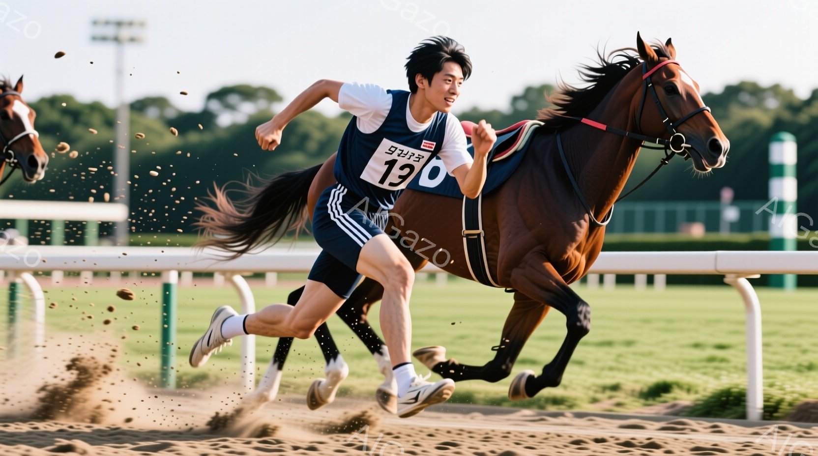 若い男性が茶色の馬に乗って競馬場を疾走している。彼は青いゼッケンに「13」と書かれ、黒い髪を短く整え、集中した表情で前を見ている。背景には緑豊かな木々と、晴れた空が広がり、躍動感あふれる一瞬を捉えている。