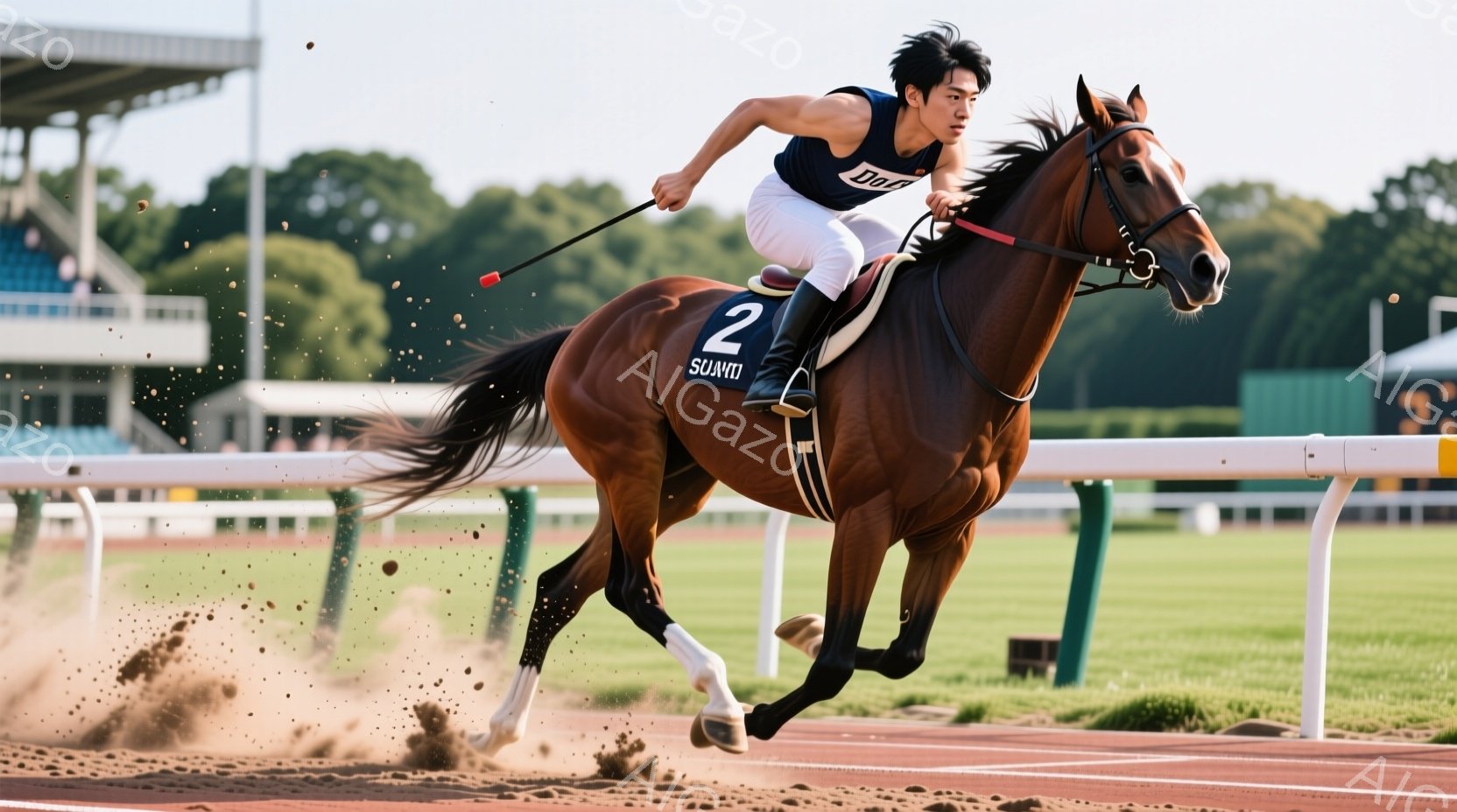 栗色の馬が競馬場で疾走している様子が捉えられています。騎手は紺色の半袖シャツと白いズボンを着用し、集中した表情で馬を駆けています。背景には緑豊かな芝生と観客席が見え、晴天の下、活気あふれる競馬場の雰囲気が伝わってきます。