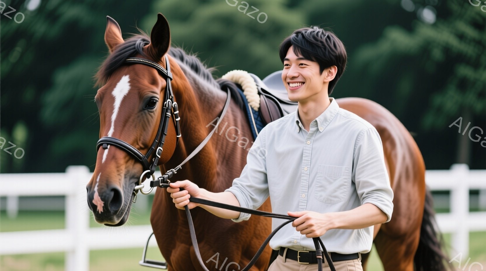 若い男性が茶色の馬の隣に立っており、穏やかな笑顔を浮かべている。彼は水色のシャツに黒いベルト、ズボンを着用し、髪は短く整えられている。背景には白いフェンスと緑豊かな自然が広がり、晴れた日の穏やかな雰囲気が漂っている。
