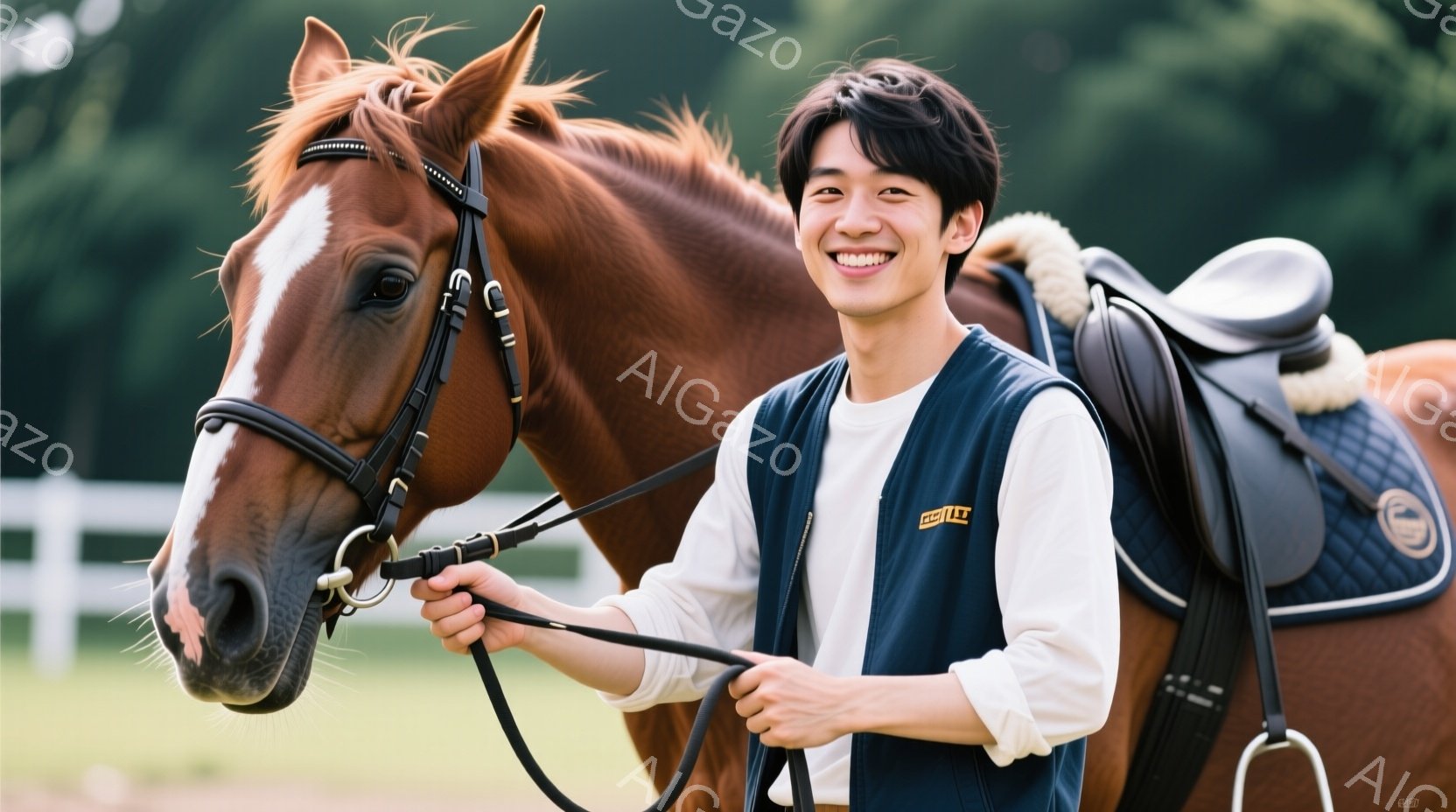 若い男性が茶色の馬の隣に立っており、笑顔を浮かべている。彼は白いTシャツの上に紺色のベストを着用し、短く整えられた黒髪が特徴的だ。背景には緑の草地と白い柵があり、晴天の下、馬術を楽しむ様子がうかがえる - AI生成フリー素材