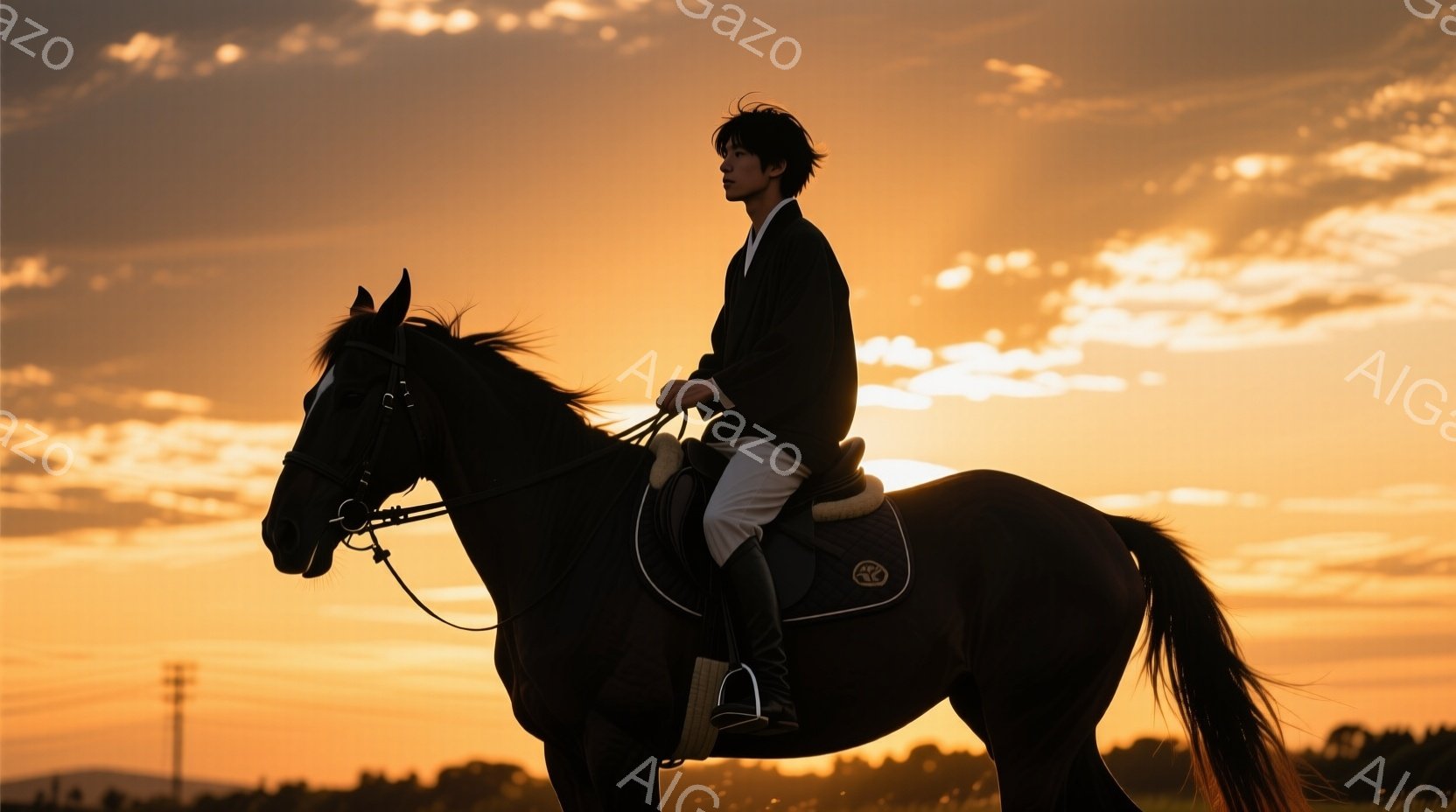 濃い夕焼けを背景に、乗馬者が黒い馬に乗っている姿が捉えられています。乗馬者は黒いジャケットと白いズボンを着用し、頭髪は短く整えられています。背景には、夕焼けに照らされた草地と遠くに見える電柱がぼんやり - AI生成フリー素材
