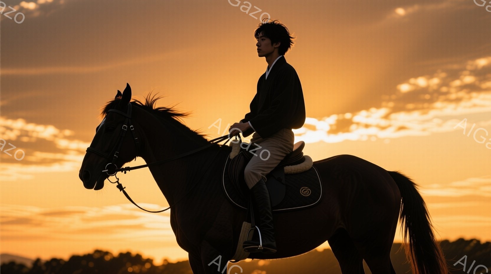 濃い夕焼けを背景に、黒い馬に乗った男性が描かれています。男性は黒いジャケット、ベージュ色のズボン、そして黒いブーツを着用し、整髪された黒髪が特徴的です。馬と男性はシルエットとして描かれており、夕焼けの - AI生成フリー素材